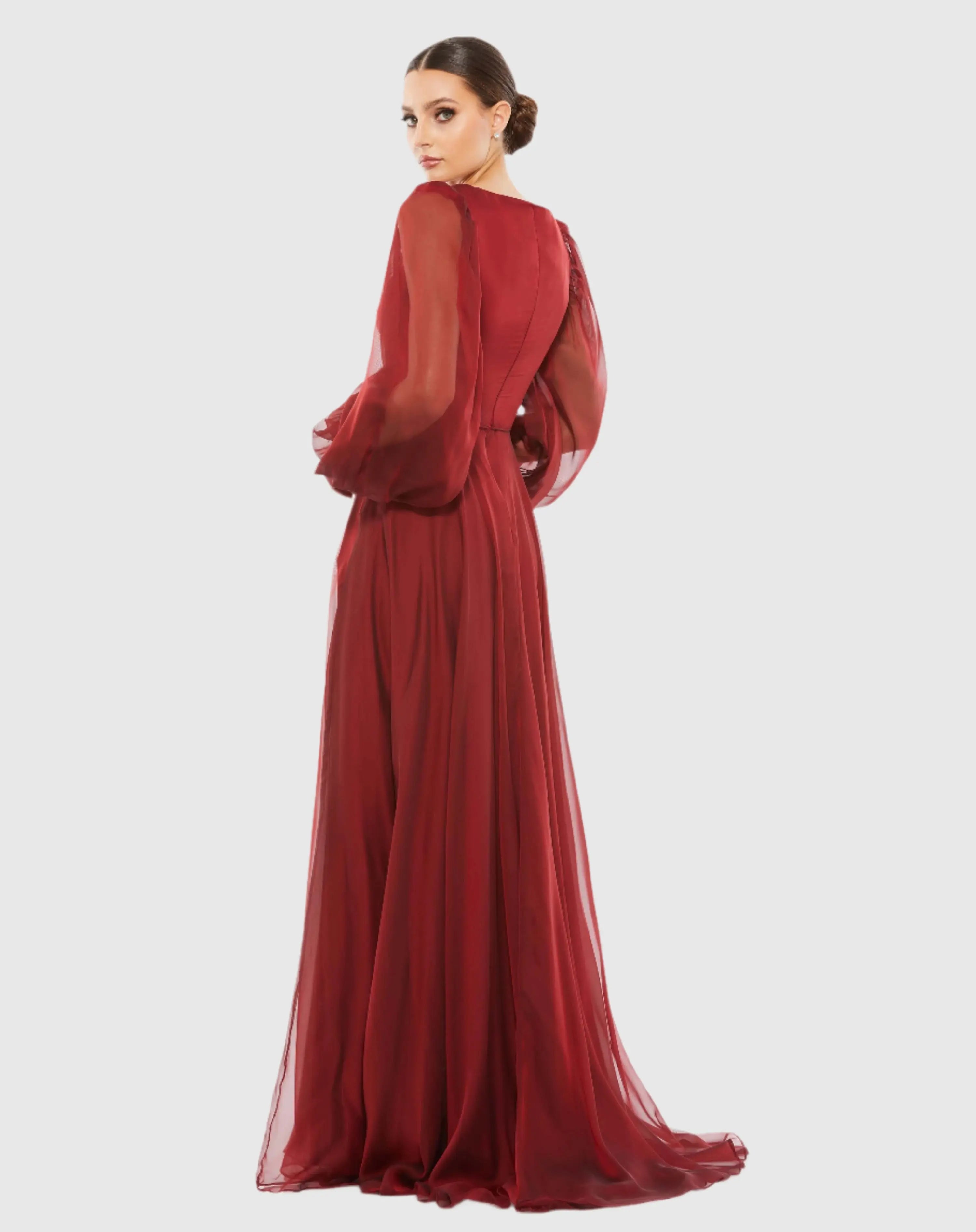 Red Sheer Blouson Sleeve Surplice Gown-Myartka