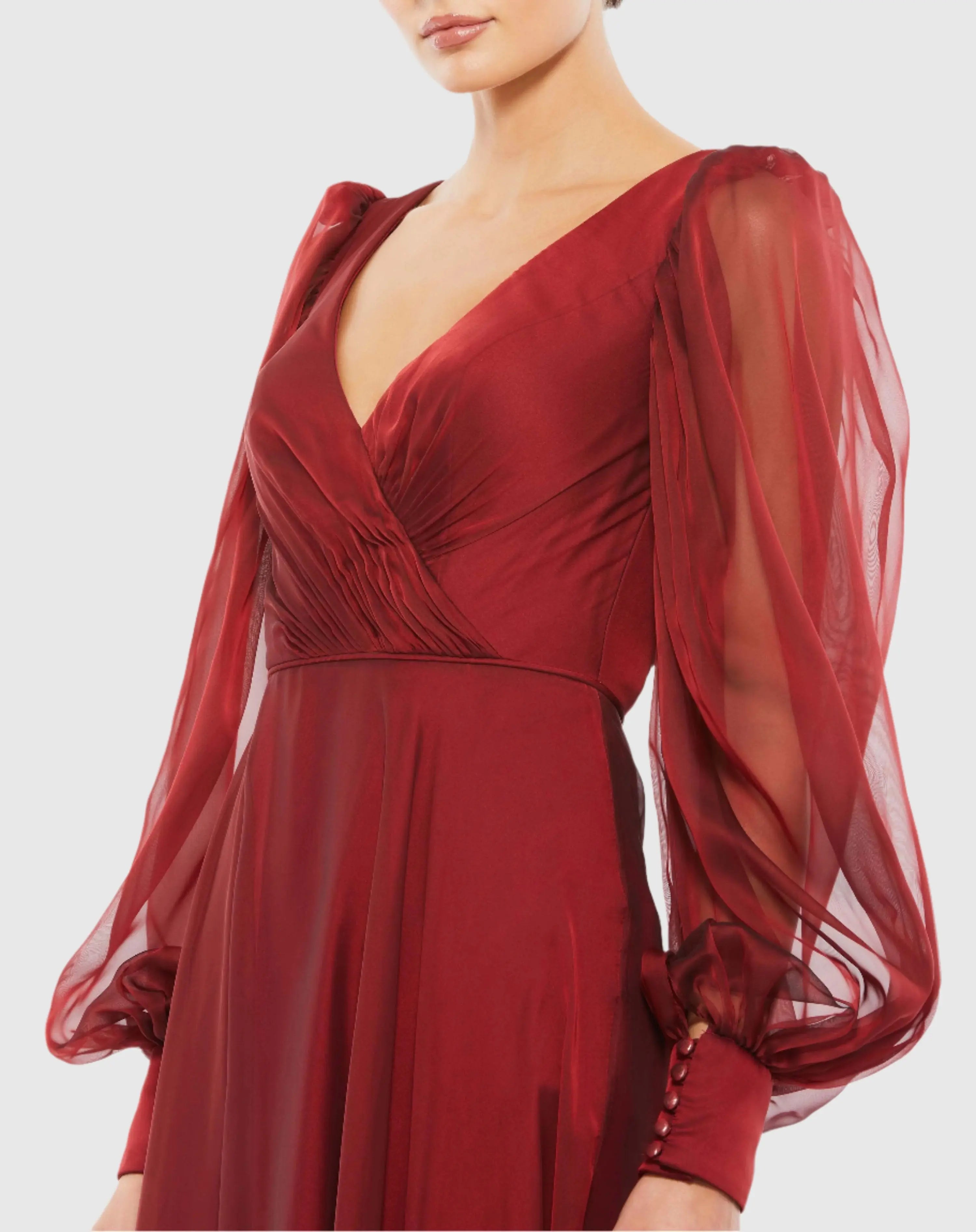 Red Sheer Blouson Sleeve Surplice Gown-Myartka