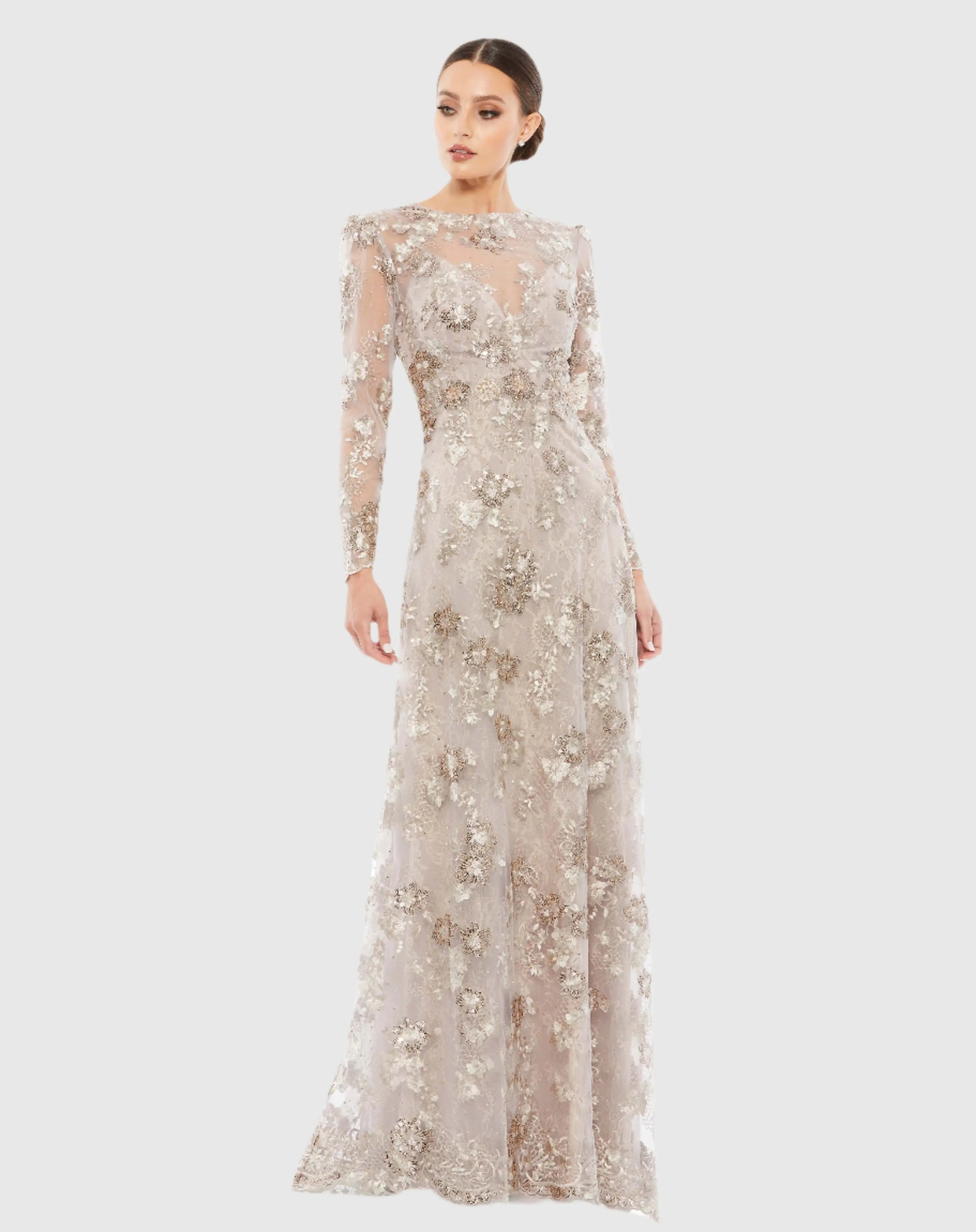 Beige Floral Embroidered Illusion Long Sleeve Evening Gown-Myartka
