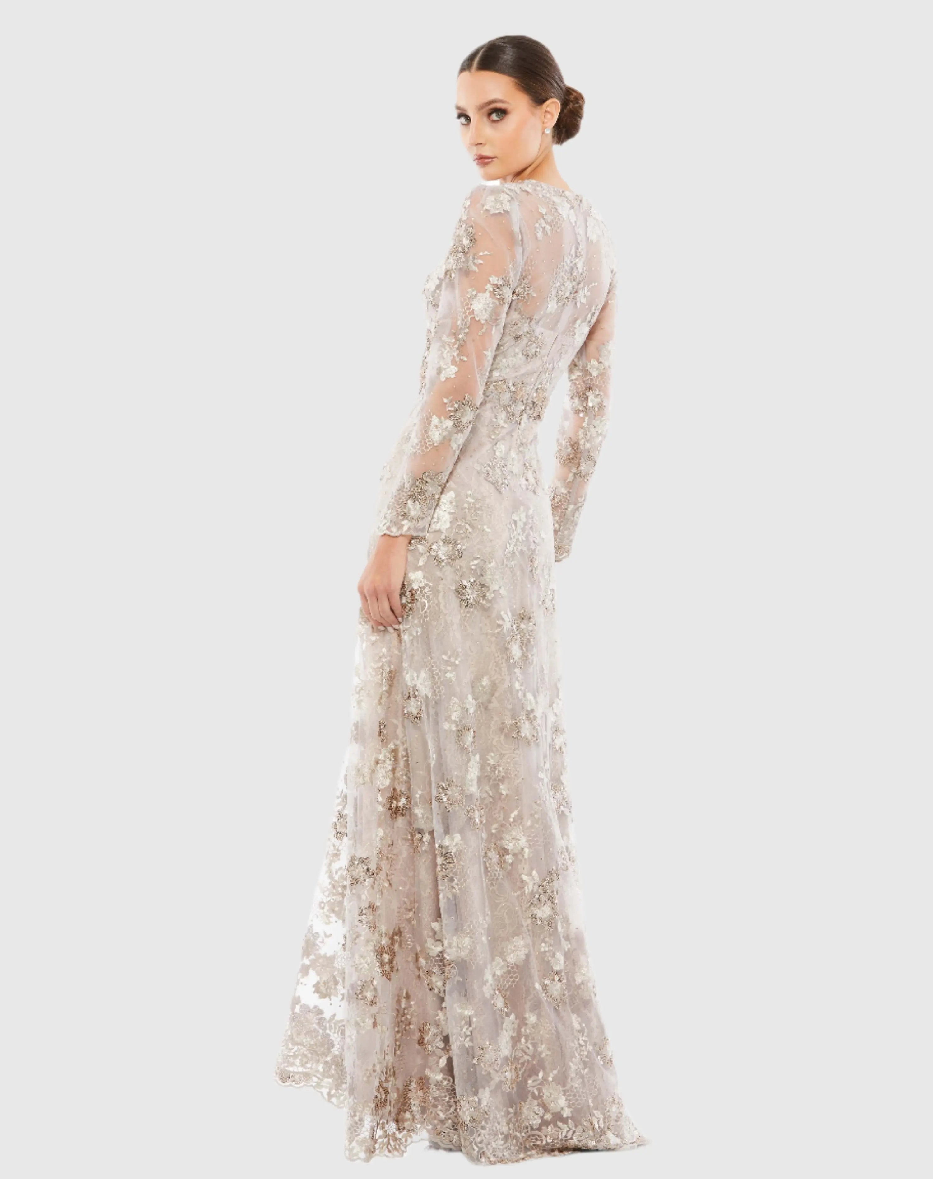 Beige Floral Embroidered Illusion Long Sleeve Evening Gown-Myartka