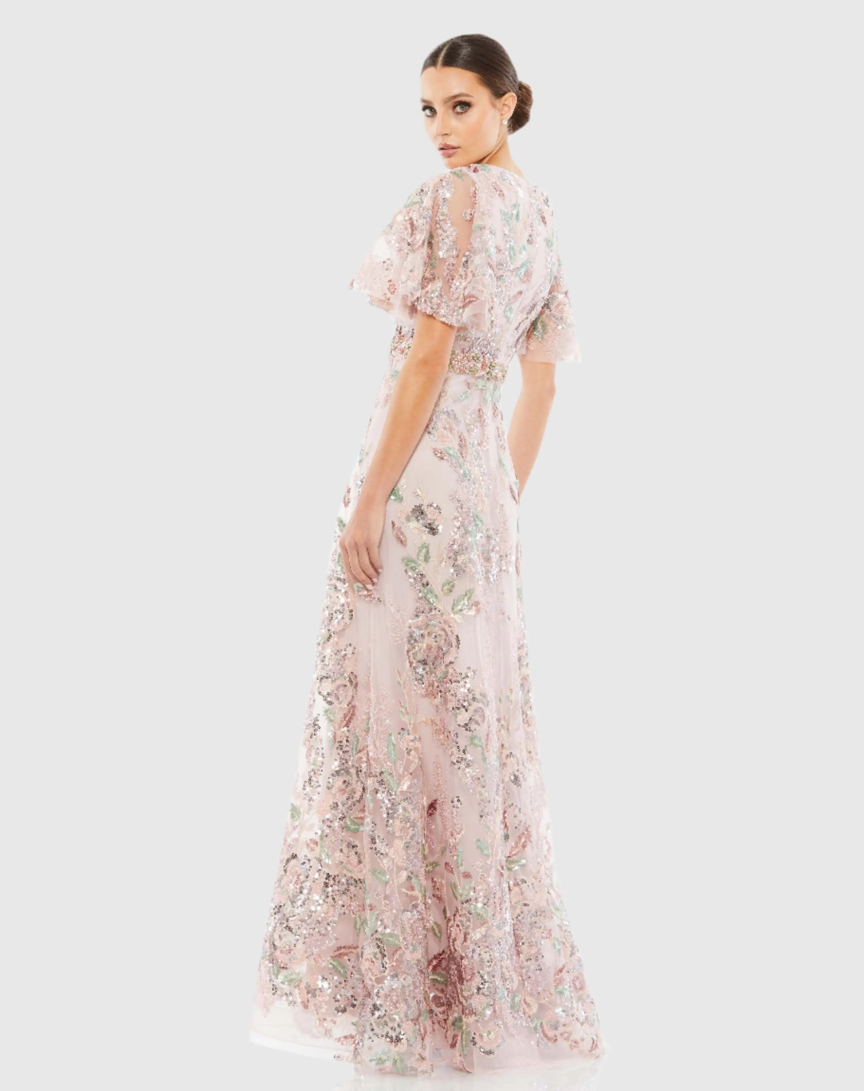 Pink Floral Embellished Short Sleeve Gown-Myartka