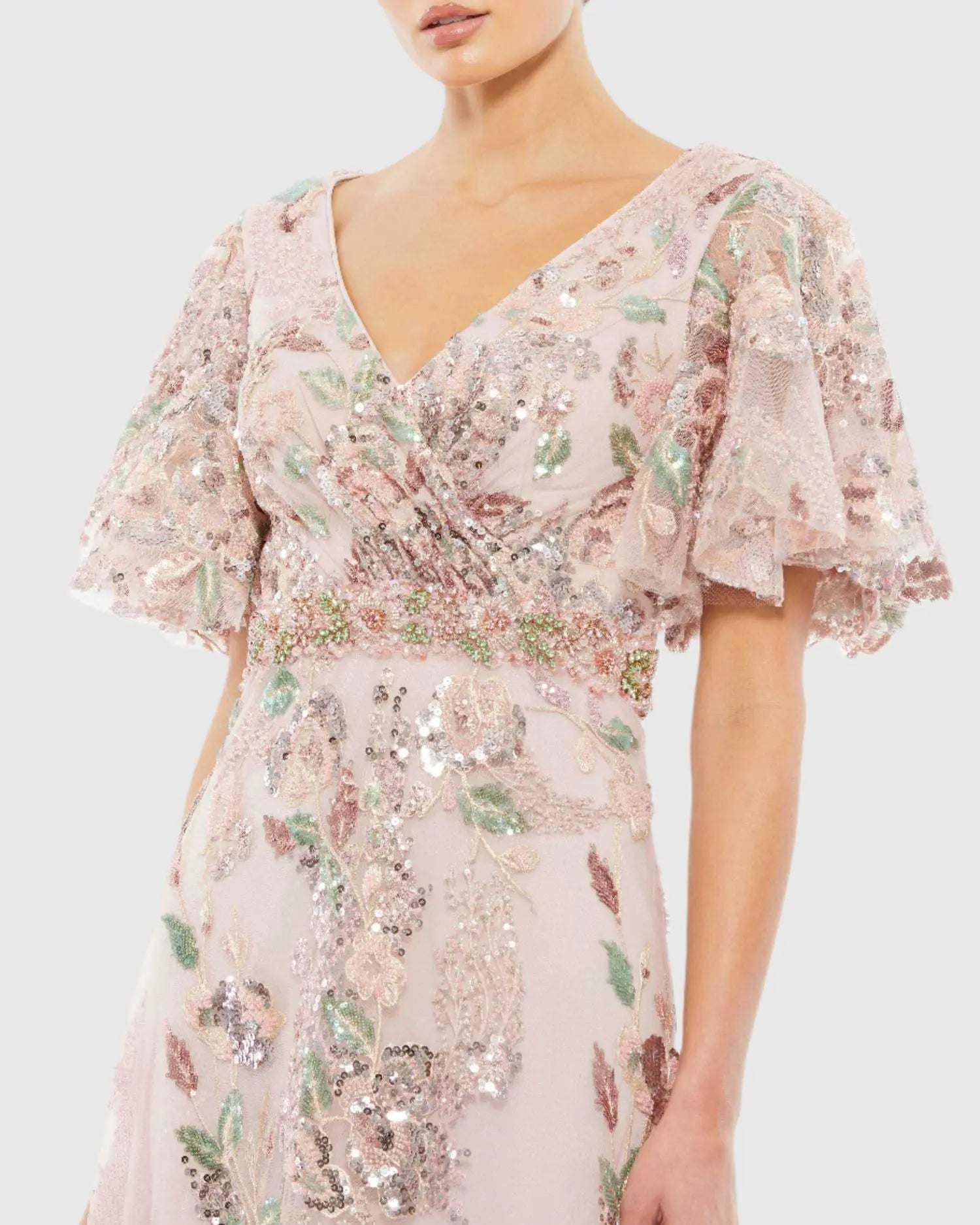 Pink Floral Embellished Short Sleeve Gown-Myartka