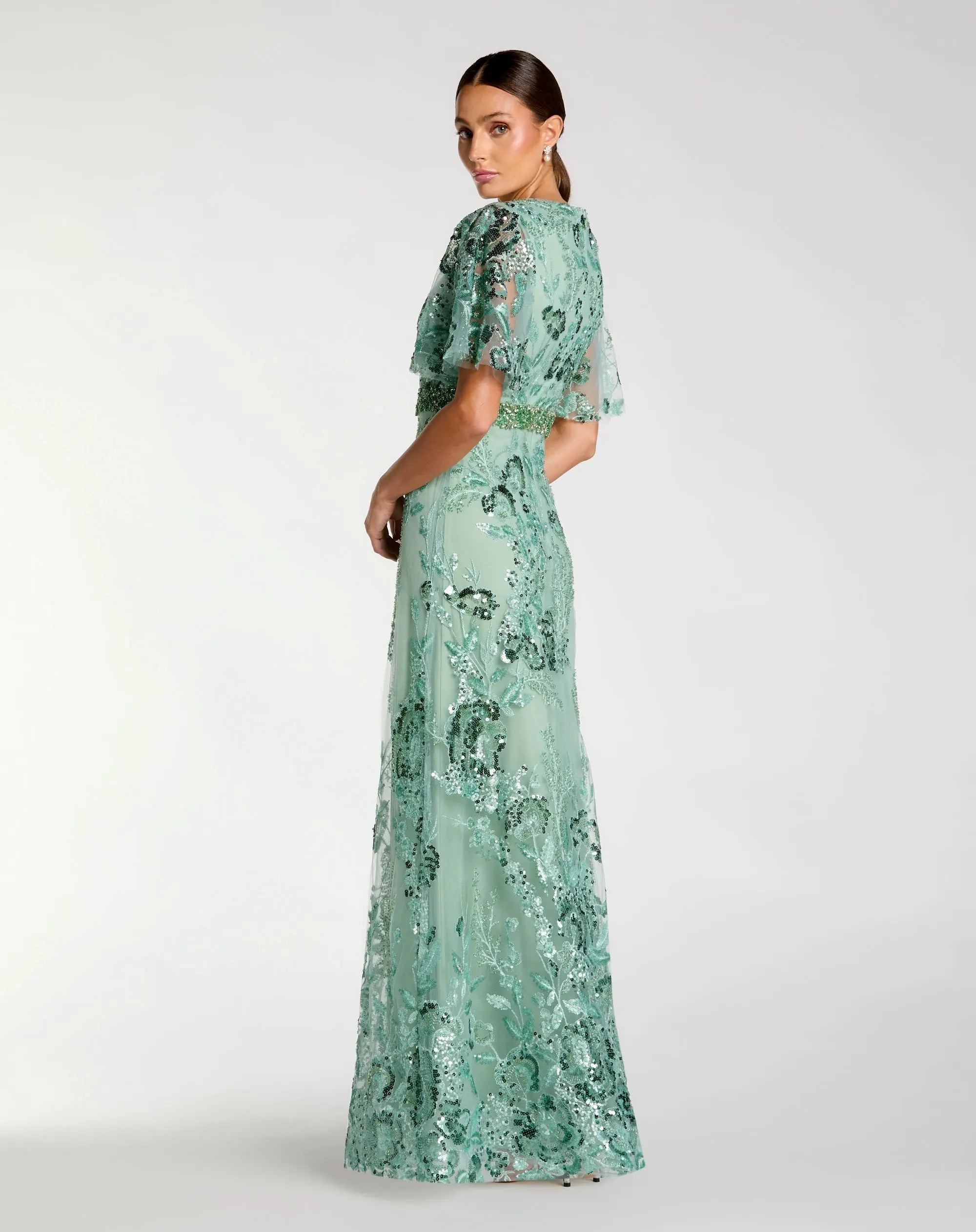 Green Floral Embellished Short Sleeve Gown-Myartka