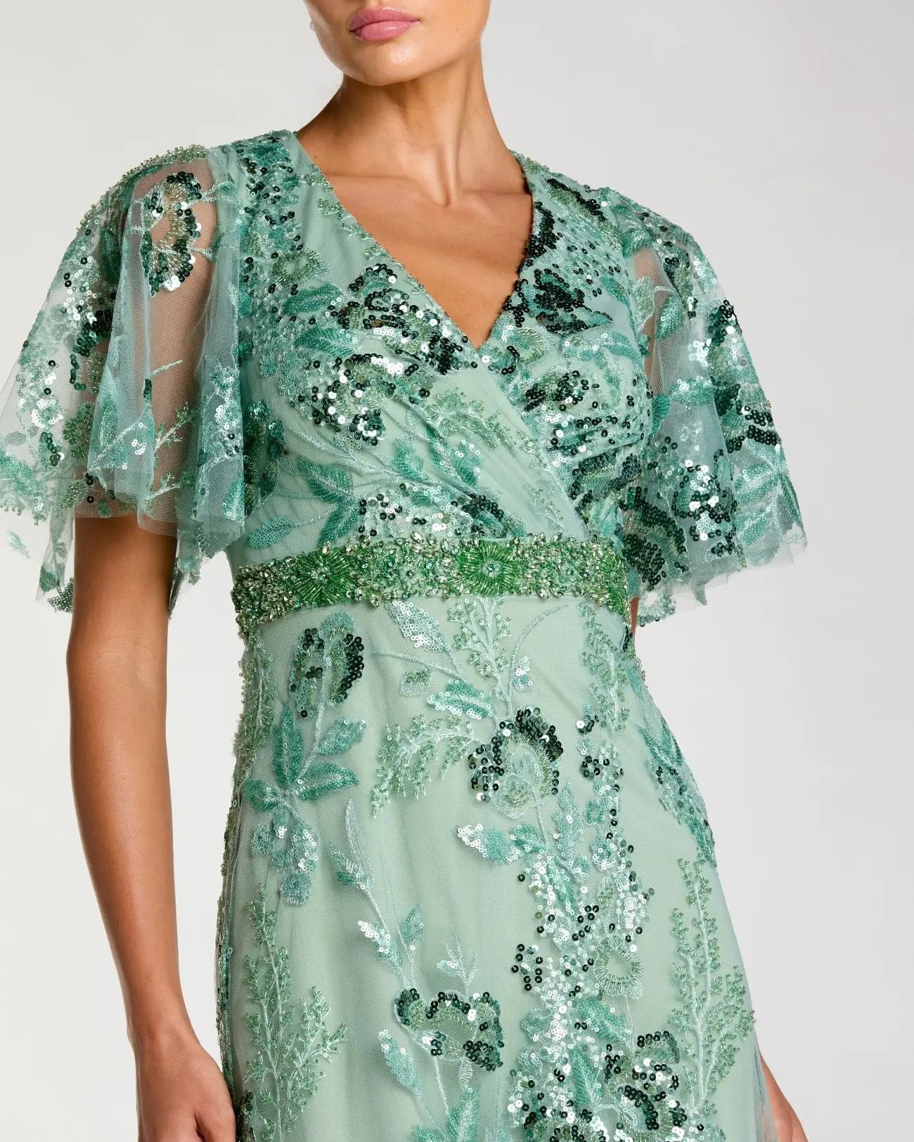 Green Floral Embellished Short Sleeve Gown-Myartka
