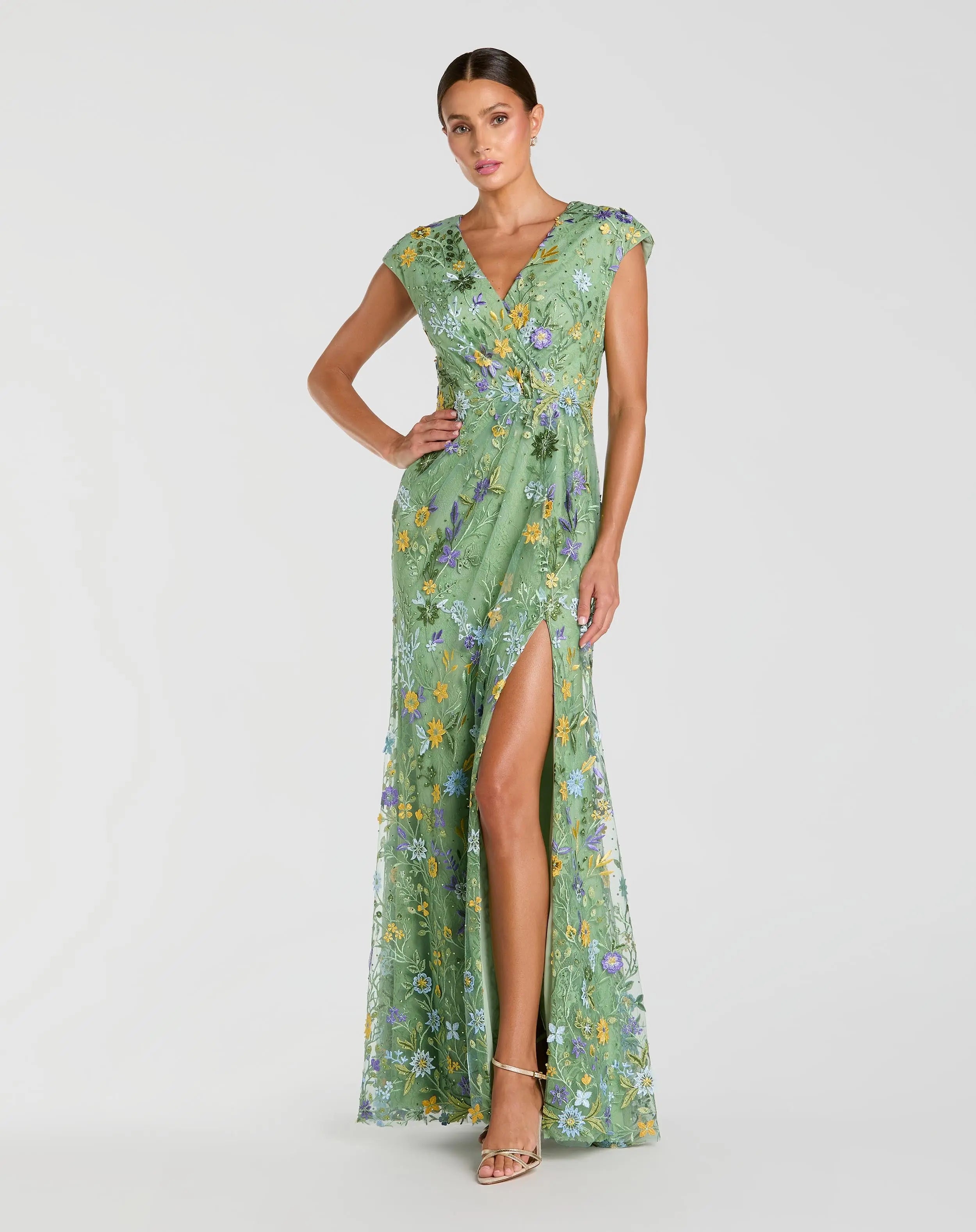 Green Faux Wrap Embroidered Cap Sleeve Gown-Myartka