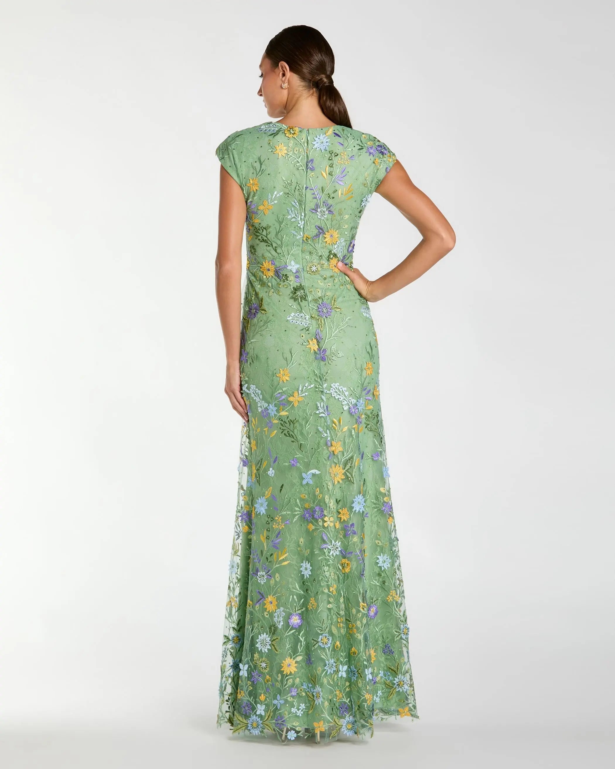 Green Faux Wrap Embroidered Cap Sleeve Gown-Myartka