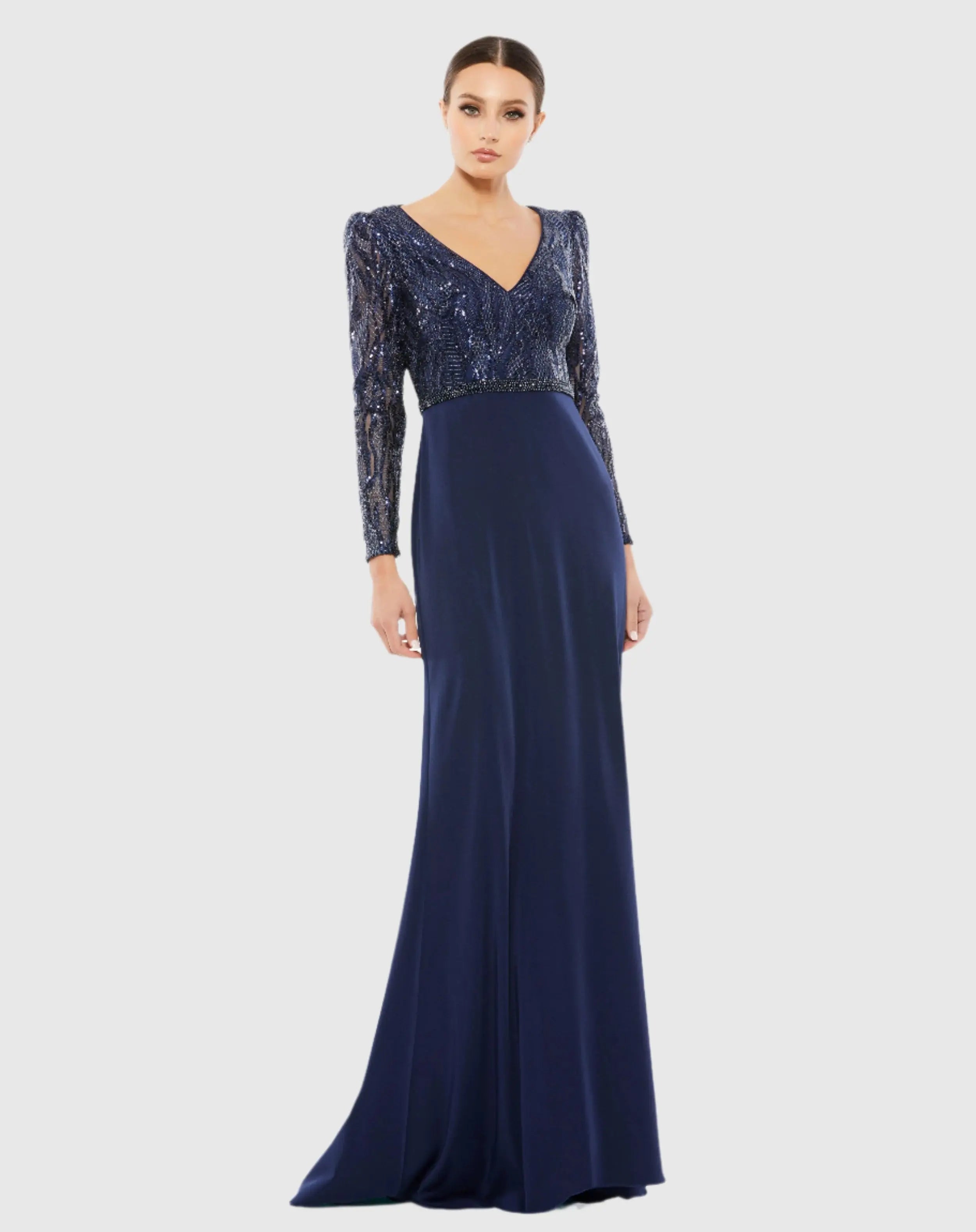 Navy Embellished Long Sleeve Bodice Column Gown-Myartka