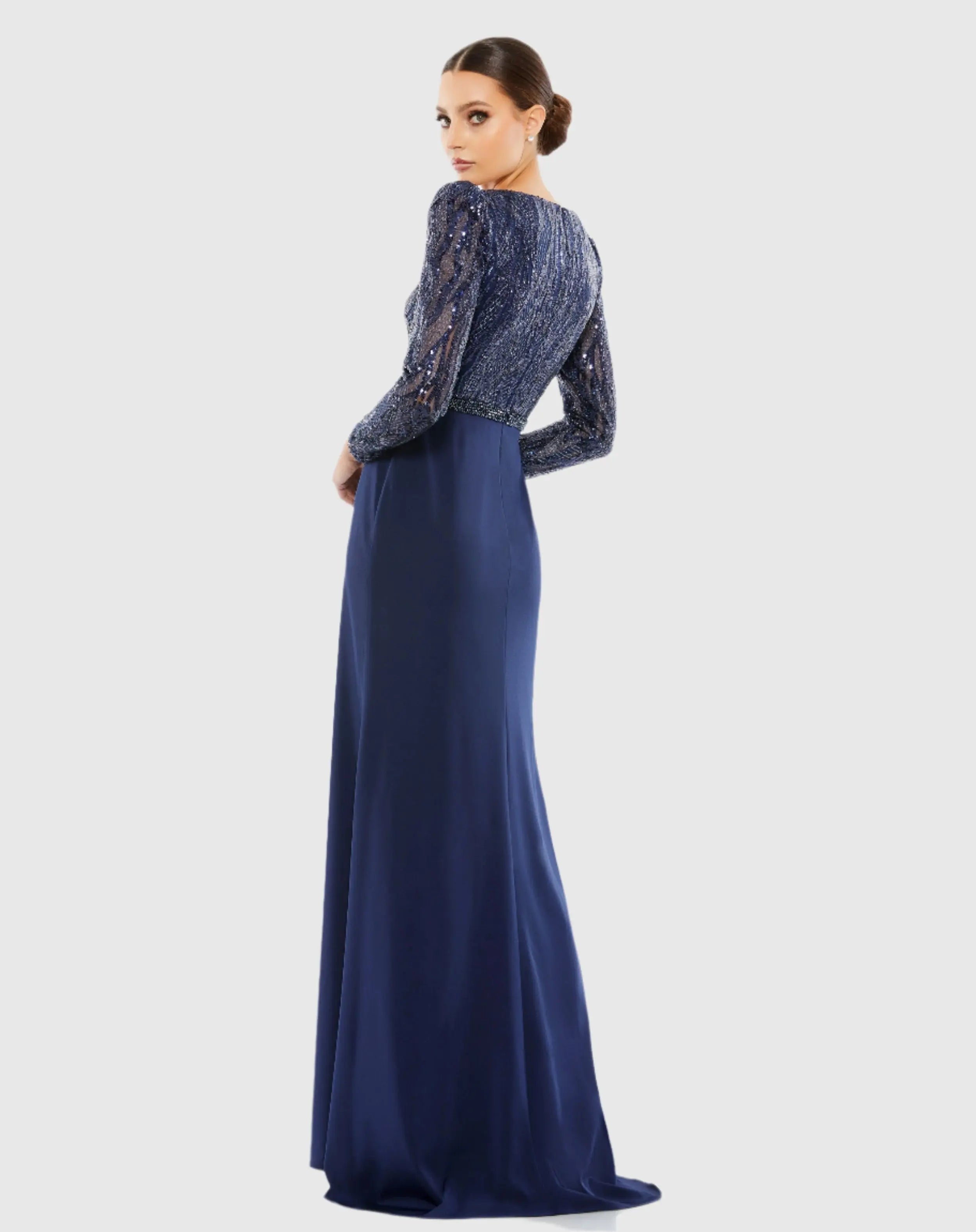 Navy Embellished Long Sleeve Bodice Column Gown-Myartka