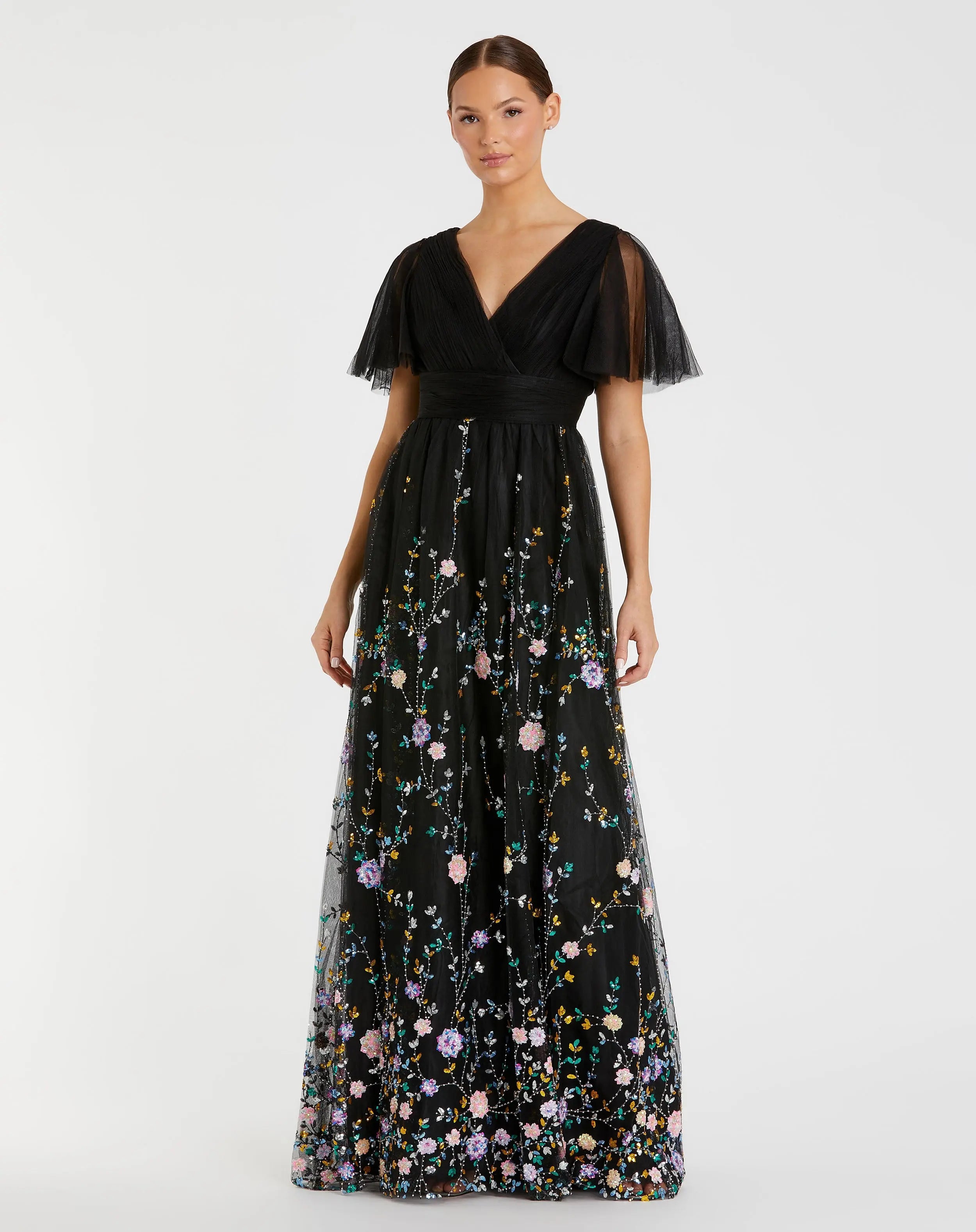 Black Embroidered Butterfly Sleeve Empire Waist Dress-Myartka