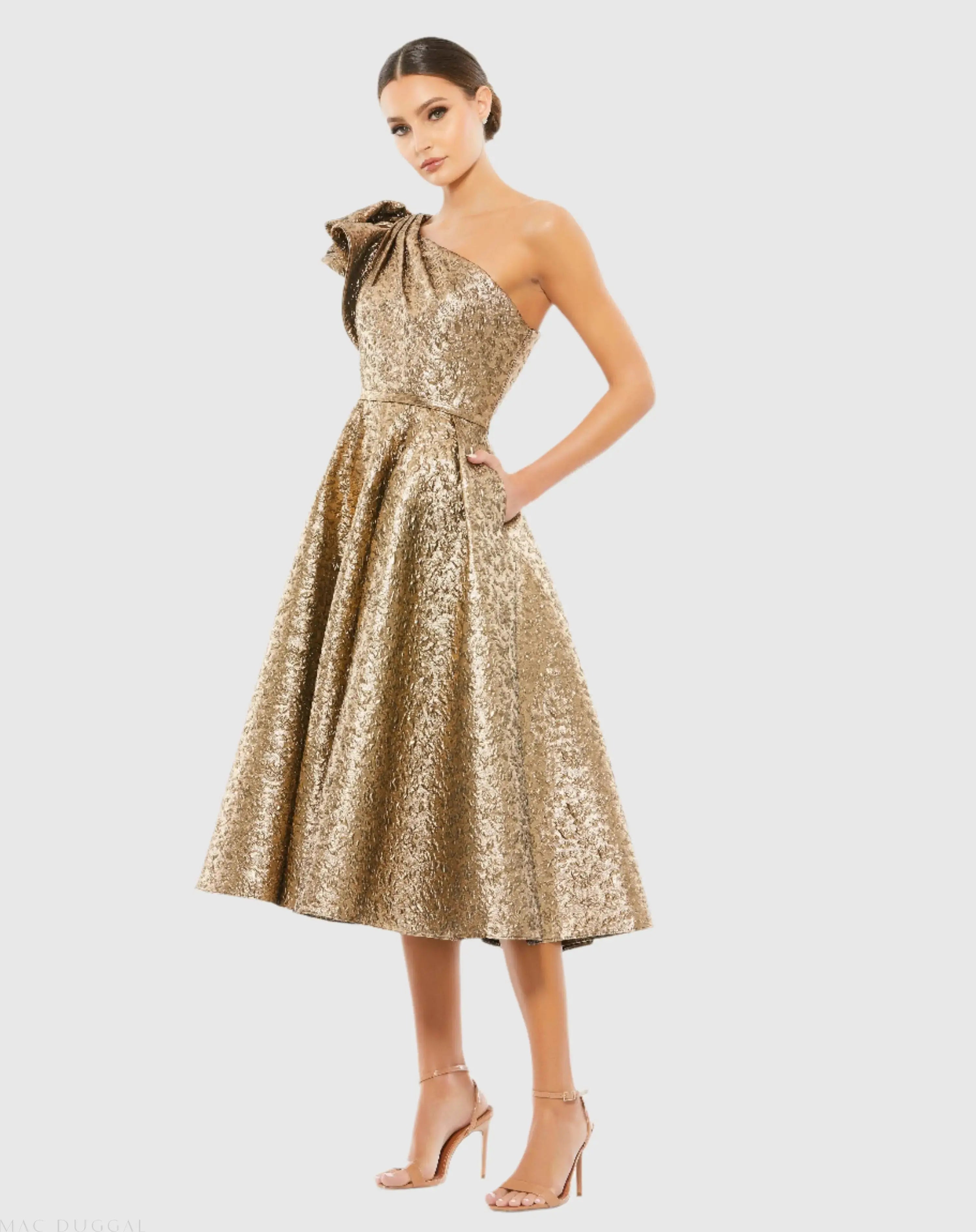 Gold One Shoulder Bow Midi Dress With Pockets-Myartka