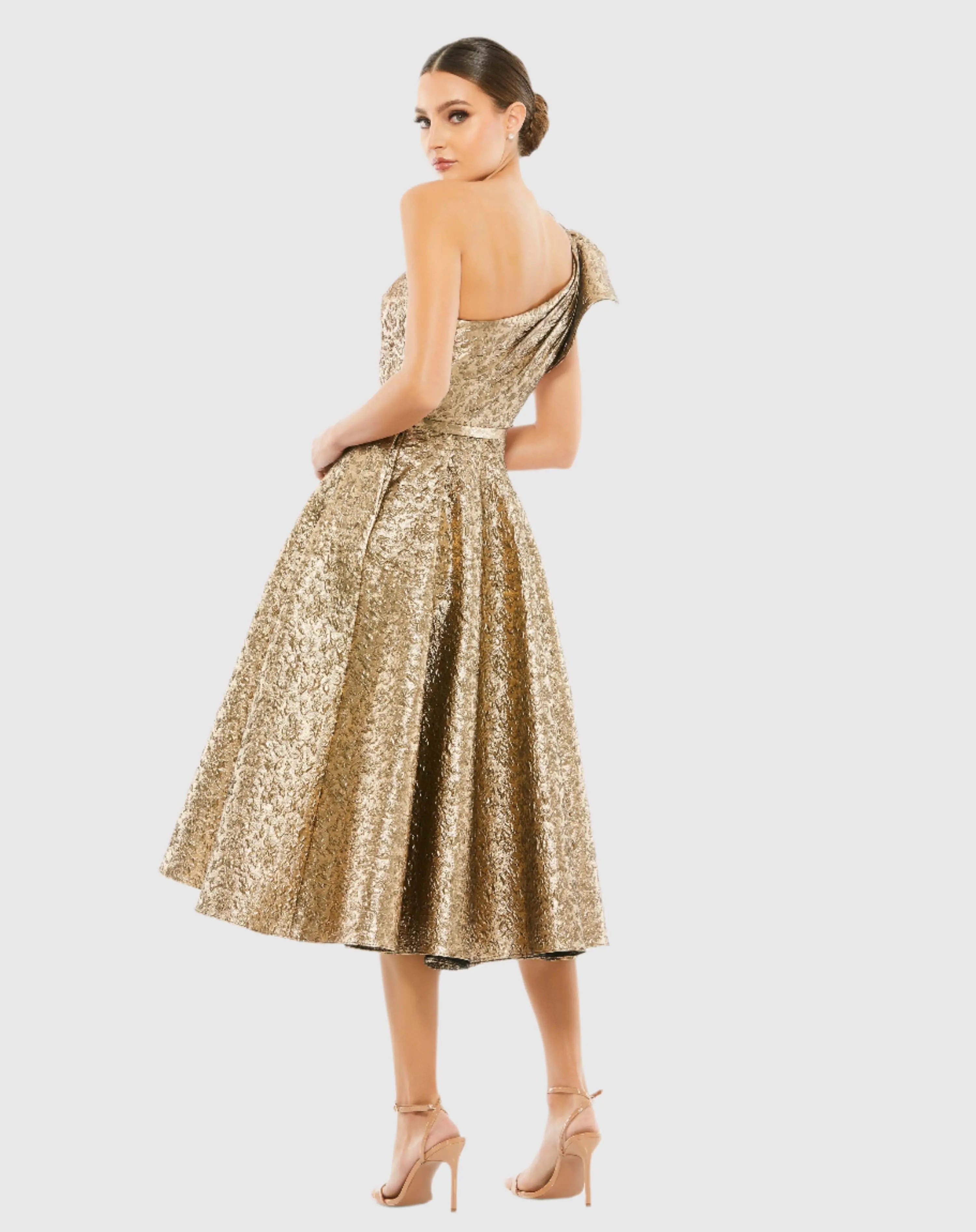 Gold One Shoulder Bow Midi Dress With Pockets-Myartka