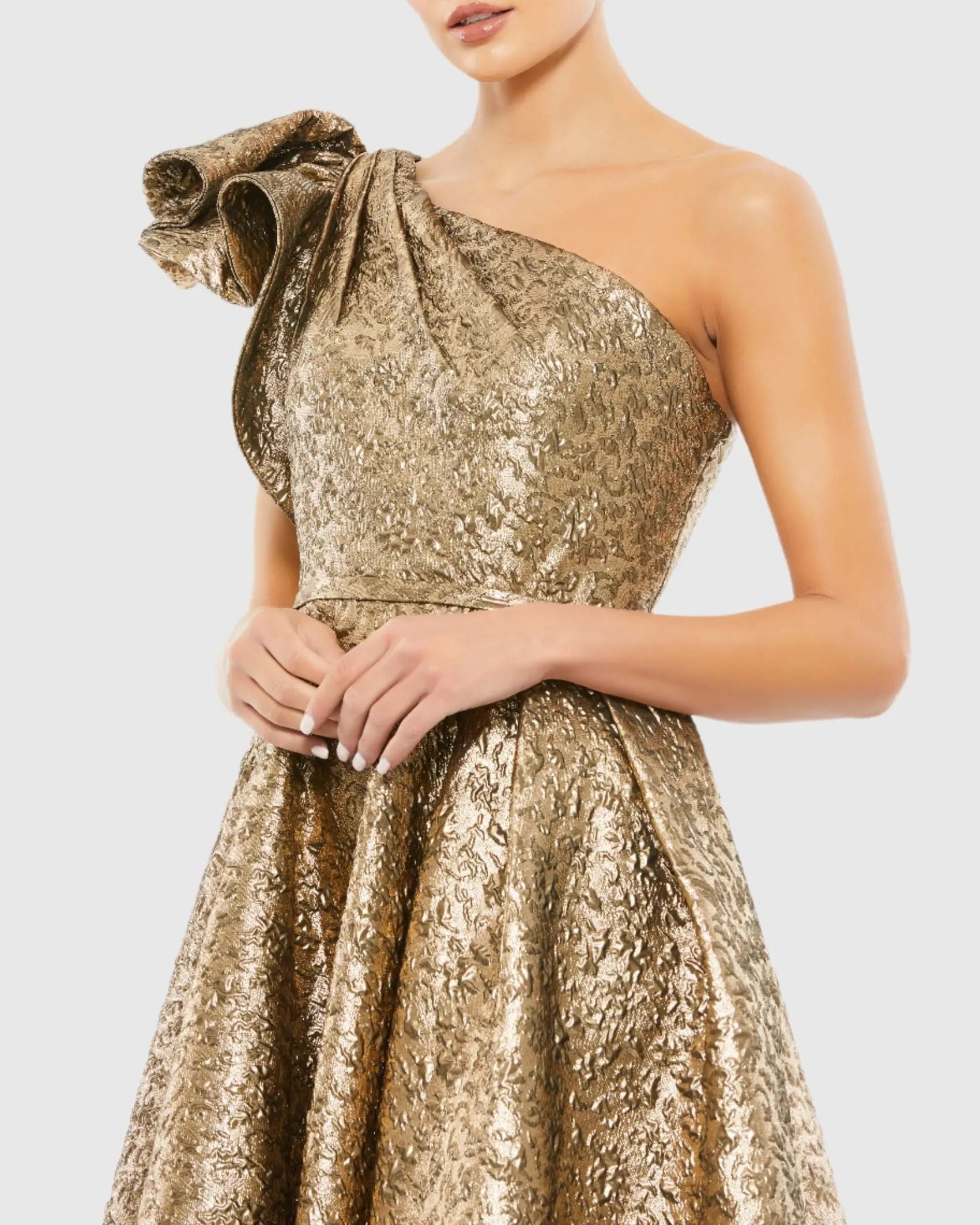 Gold One Shoulder Bow Midi Dress With Pockets-Myartka