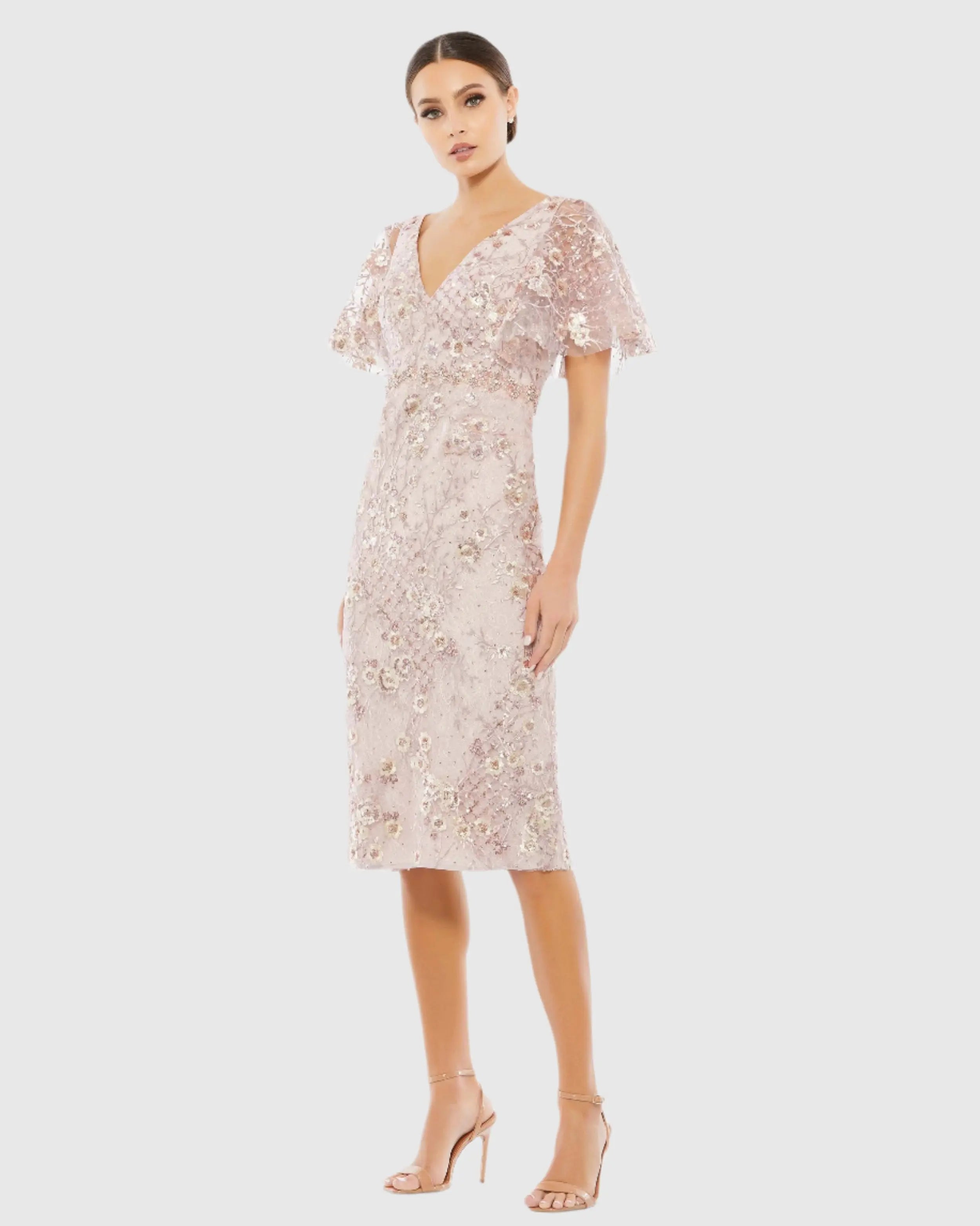 Pink Embellished Illusion Butterfly Sleeve Cocktail Dress-Myartka