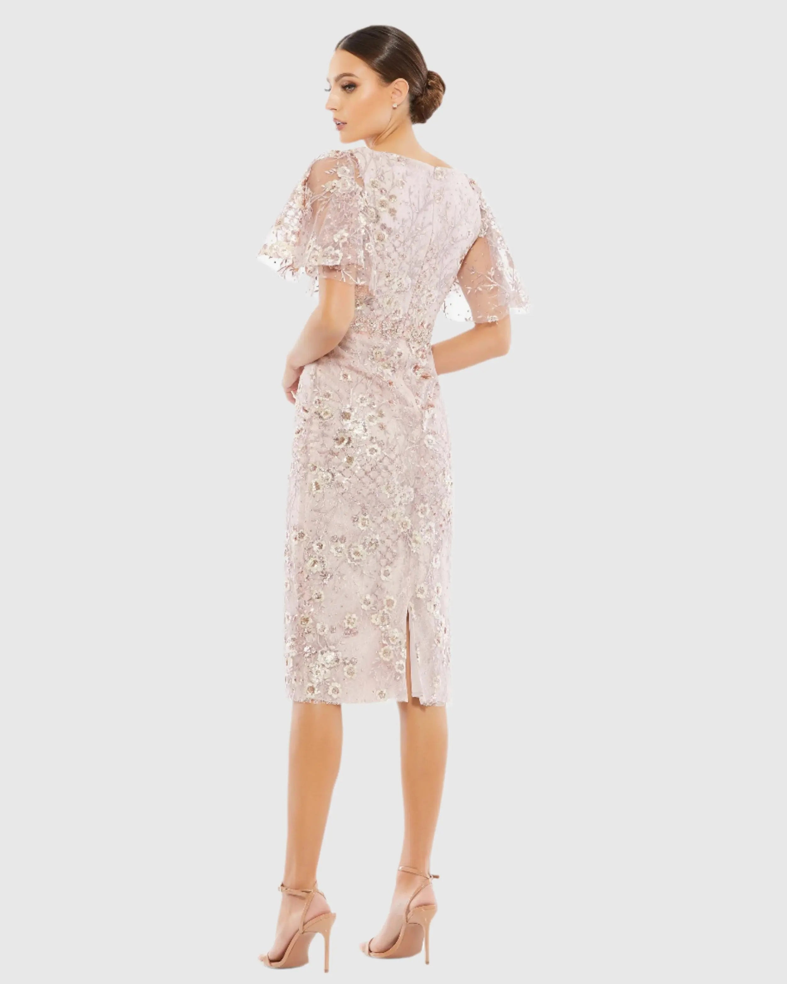 Pink Embellished Illusion Butterfly Sleeve Cocktail Dress-Myartka