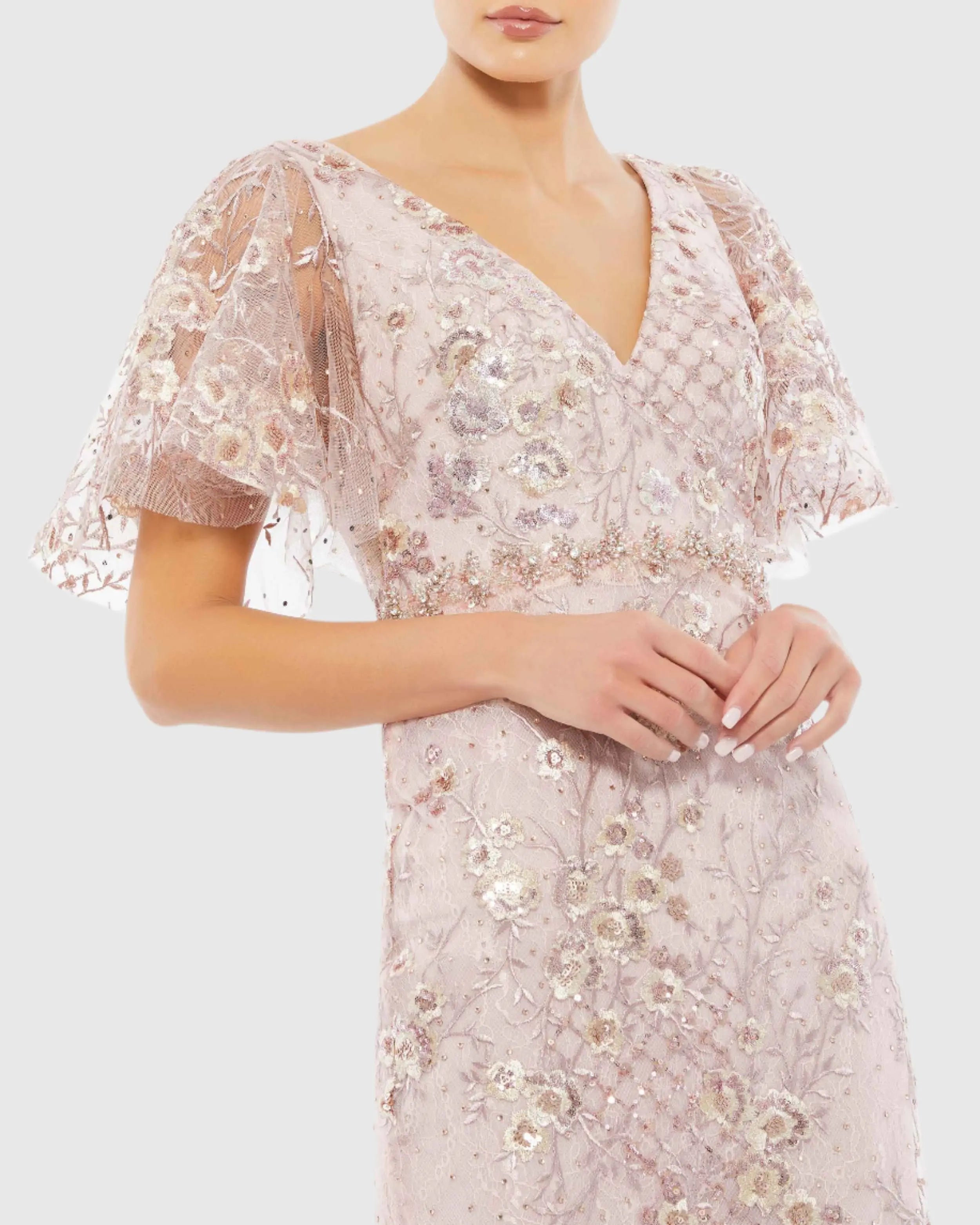 Pink Embellished Illusion Butterfly Sleeve Cocktail Dress-Myartka
