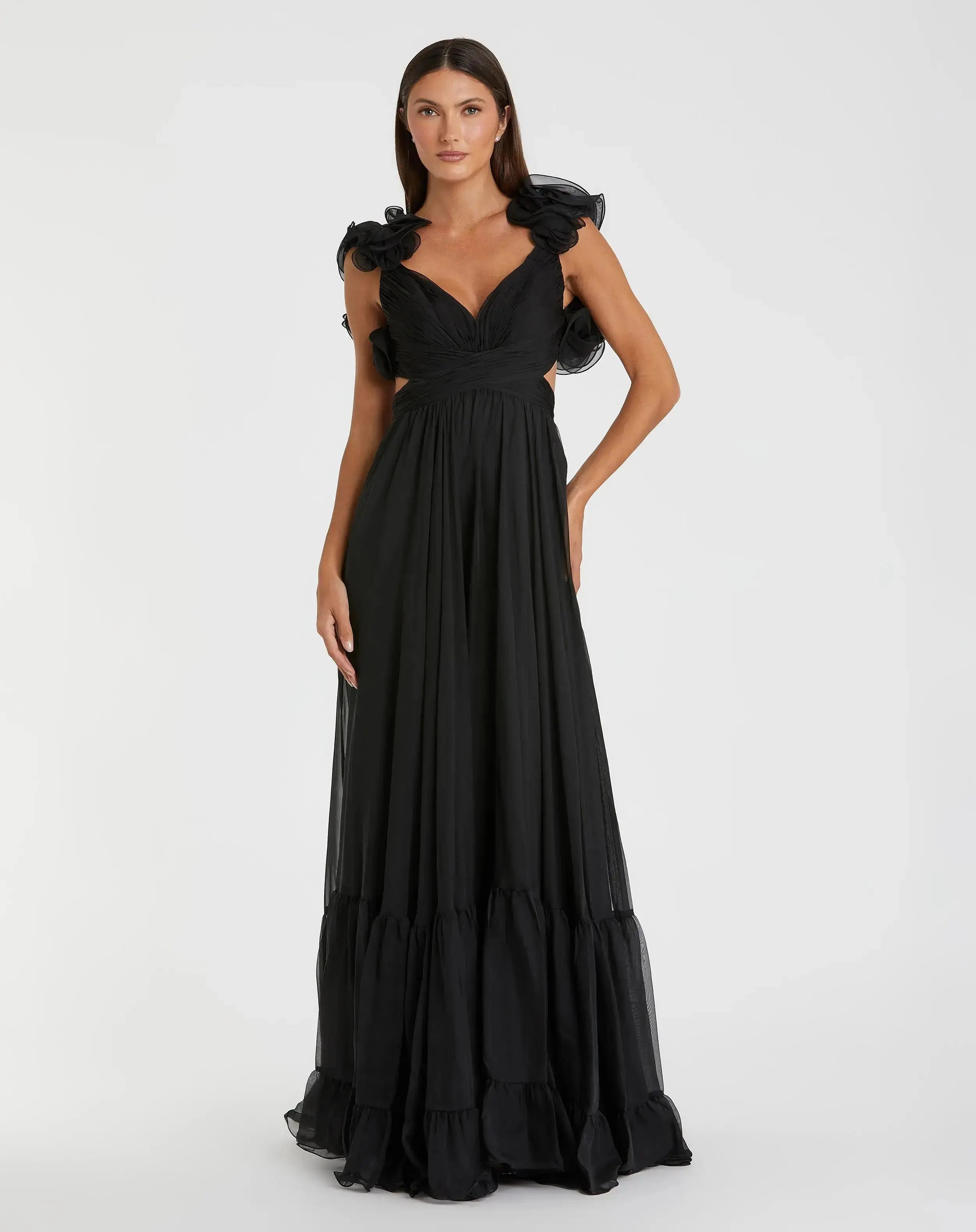 Black Ruffle Tiered Cut-Out Chiffon Gown-Myartka