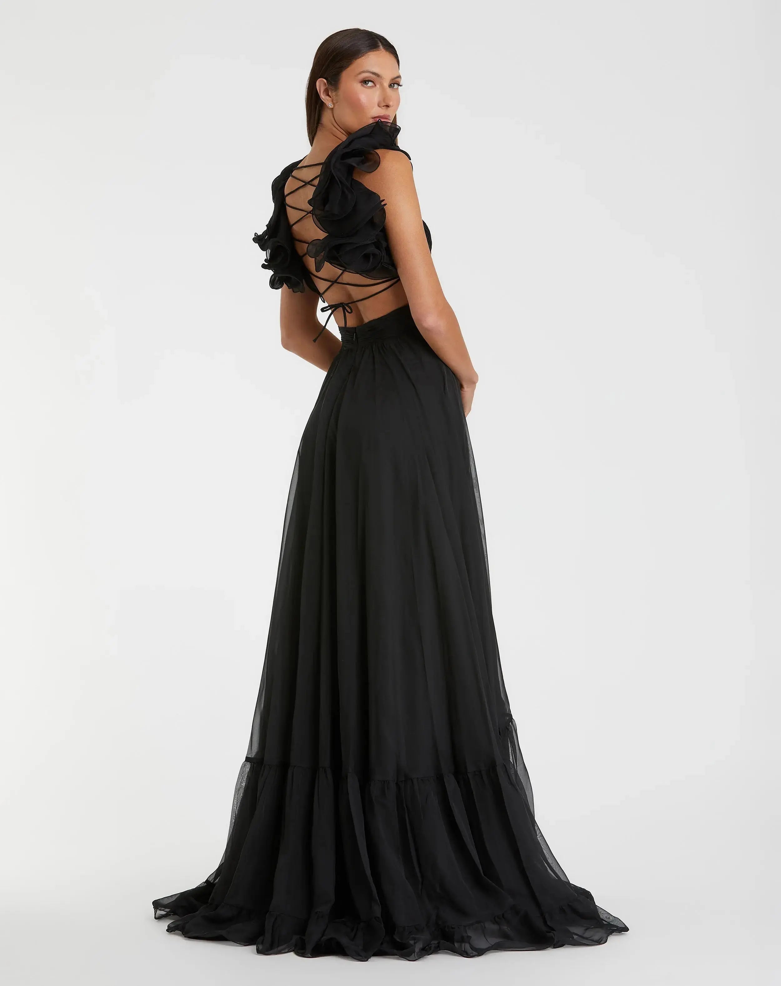 Black Ruffle Tiered Cut-Out Chiffon Gown-Myartka