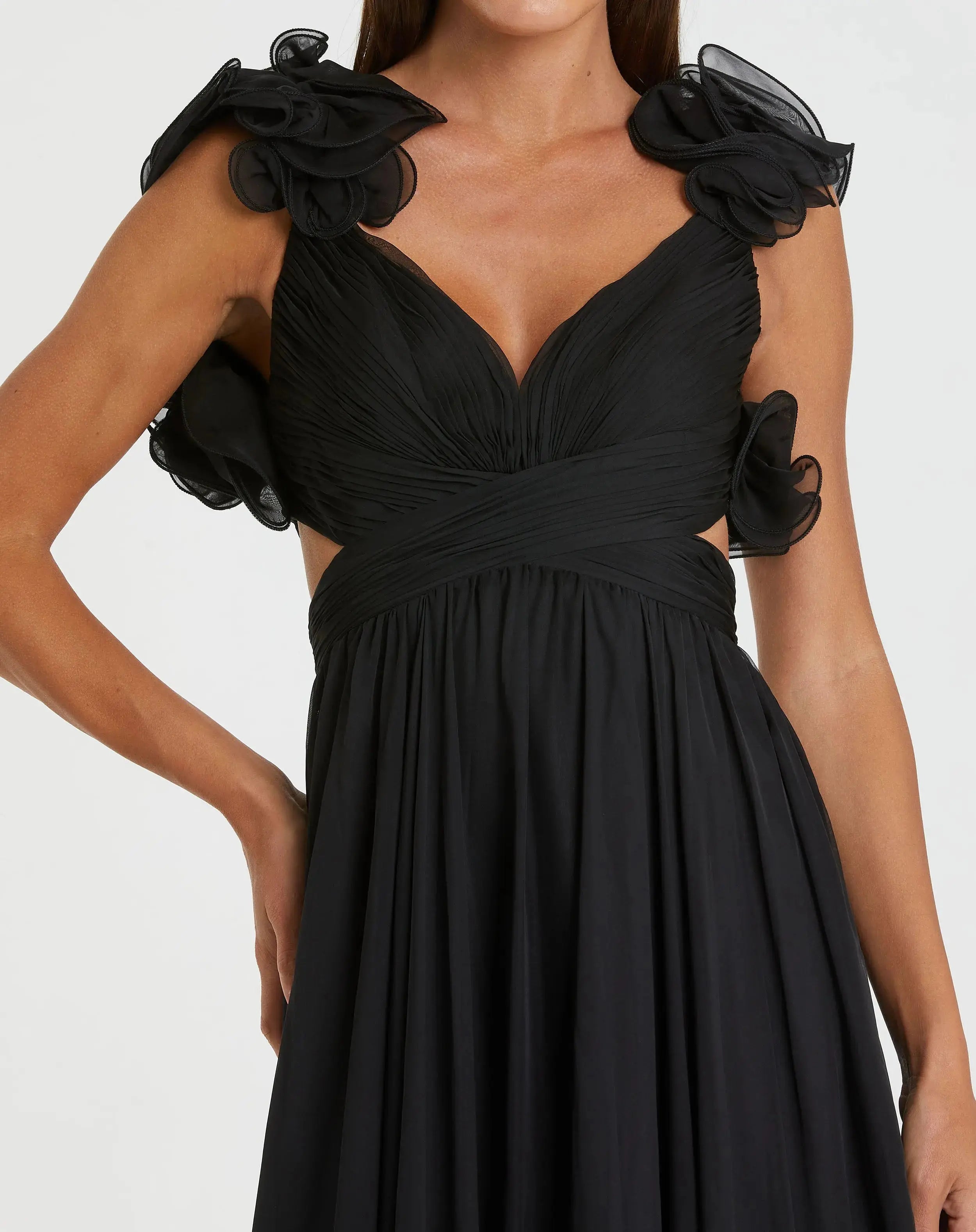 Black Ruffle Tiered Cut-Out Chiffon Gown-Myartka