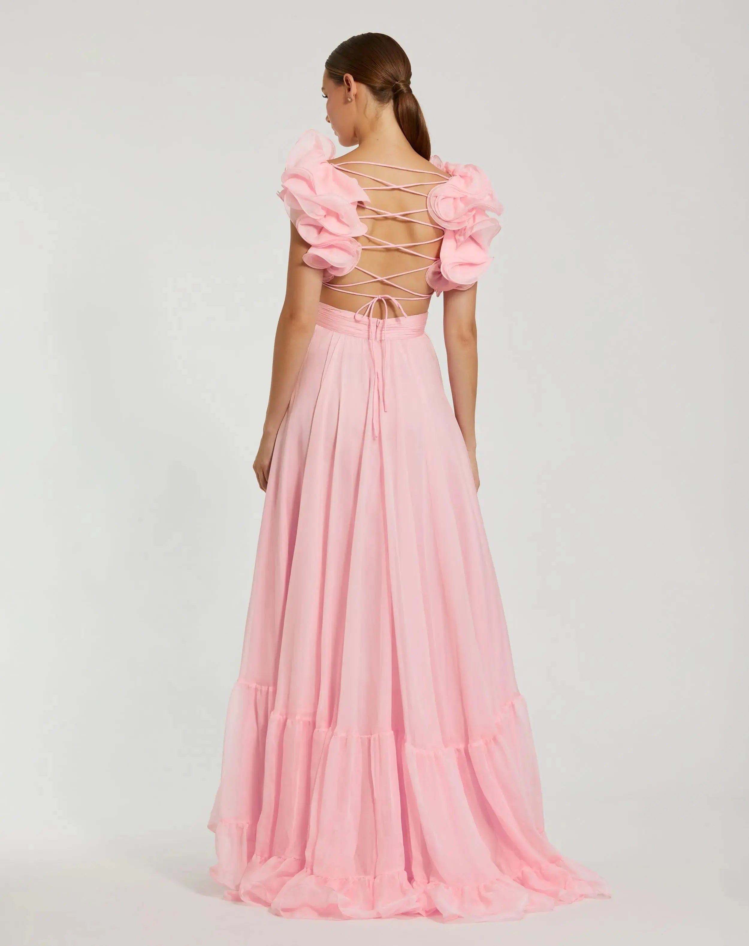 Pink Ruffle Tiered Cut-Out Chiffon Gown-Myartka