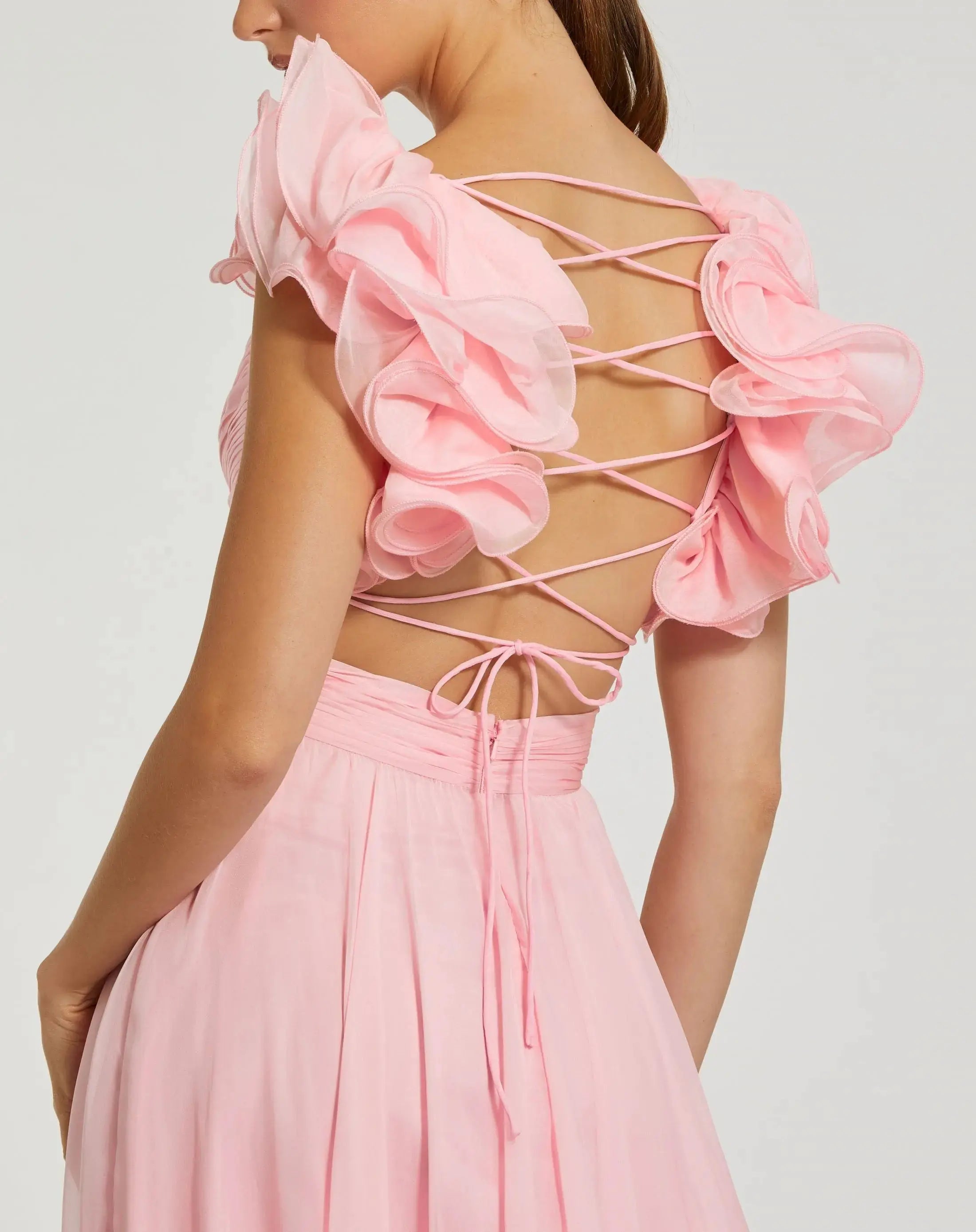 Pink Ruffle Tiered Cut-Out Chiffon Gown-Myartka