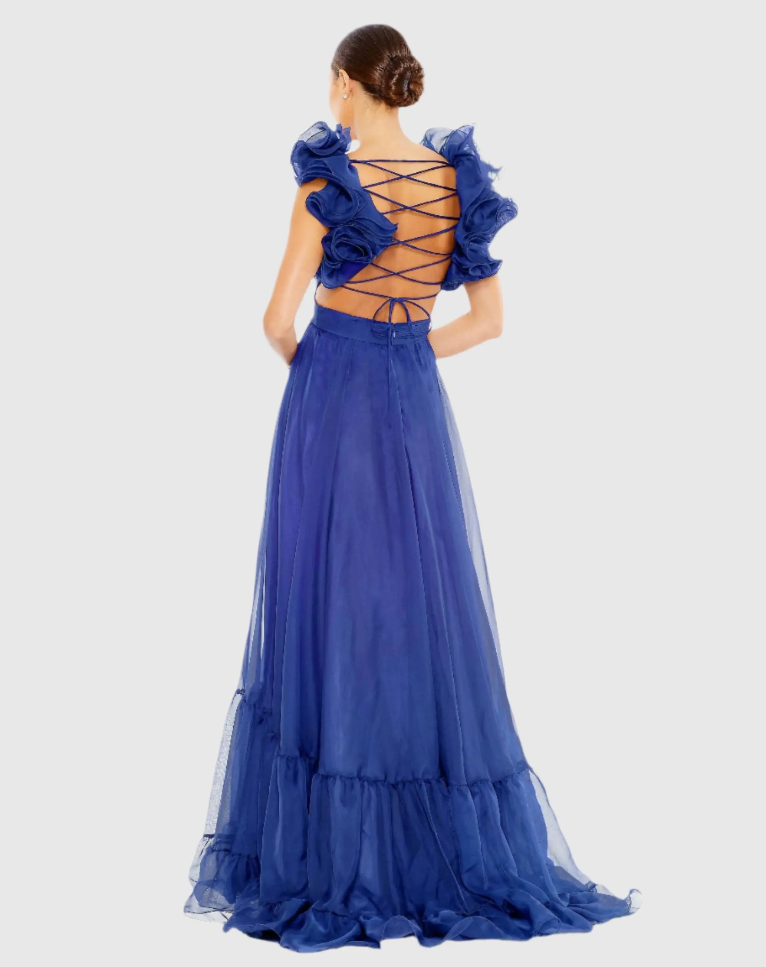 Blue Ruffle Tiered Cut-Out Chiffon Gown - FINAL SALE-Myartka