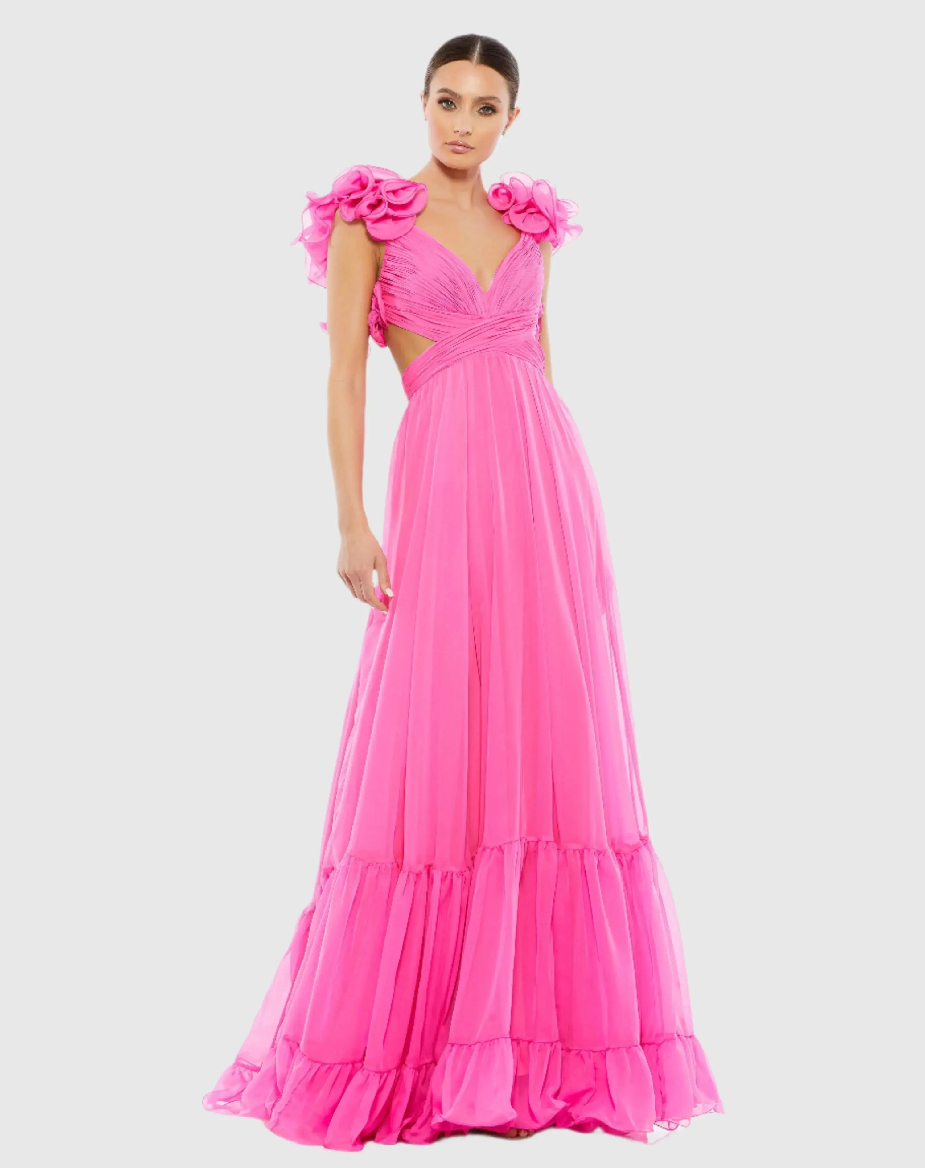 Dark Pink Ruffle Tiered Cut-Out Chiffon Gown - FINAL SALE-Myartka