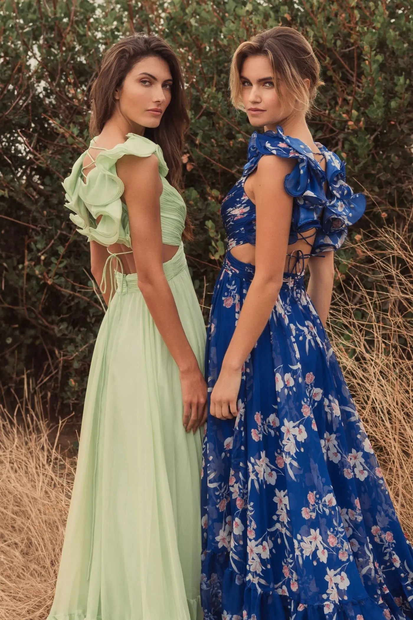 Blue Ruffle Tiered Floral Cut-Out Chiffon Gown-Myartka