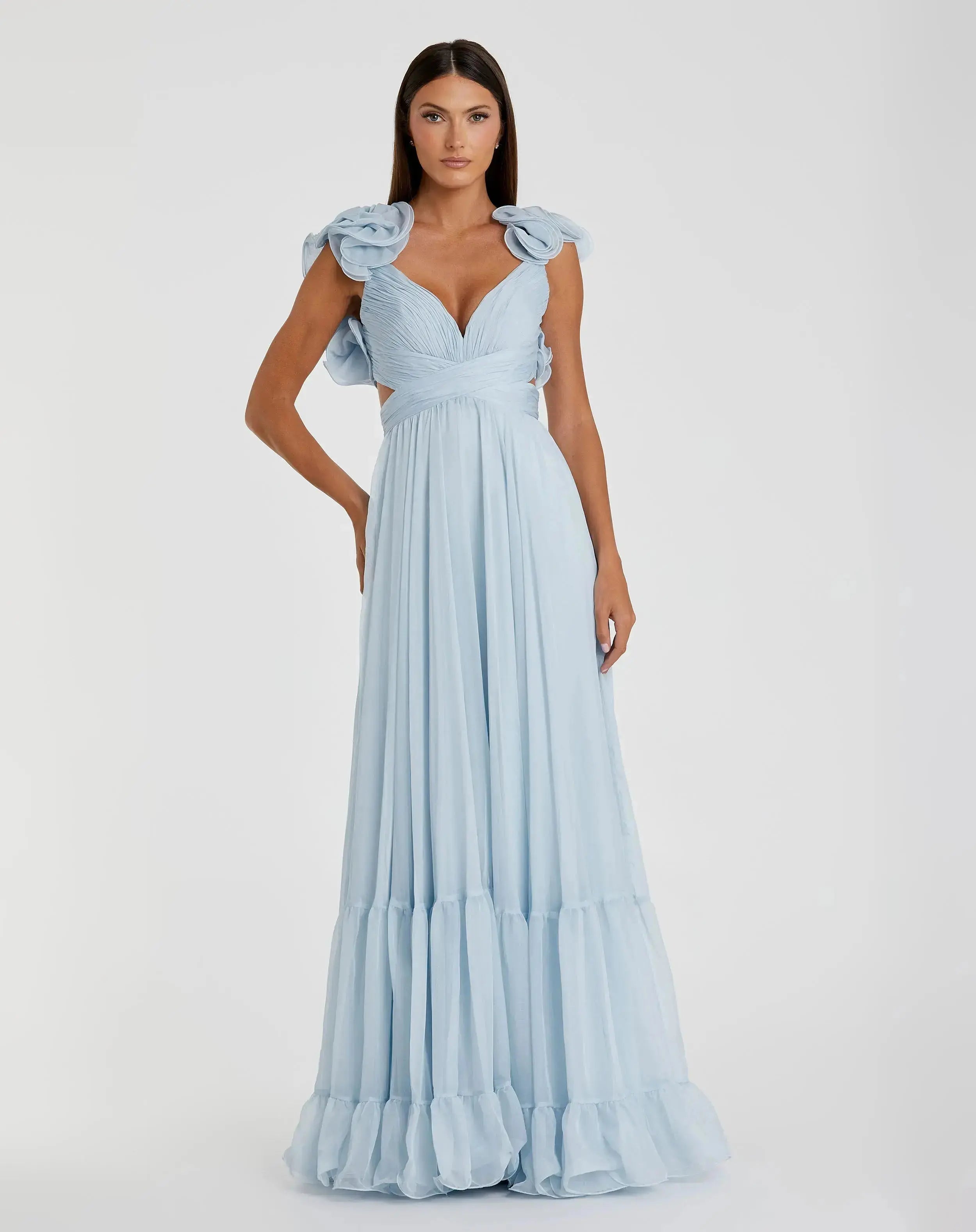 Light Blue Ruffle Tiered Cut-Out Chiffon Gown-Myartka