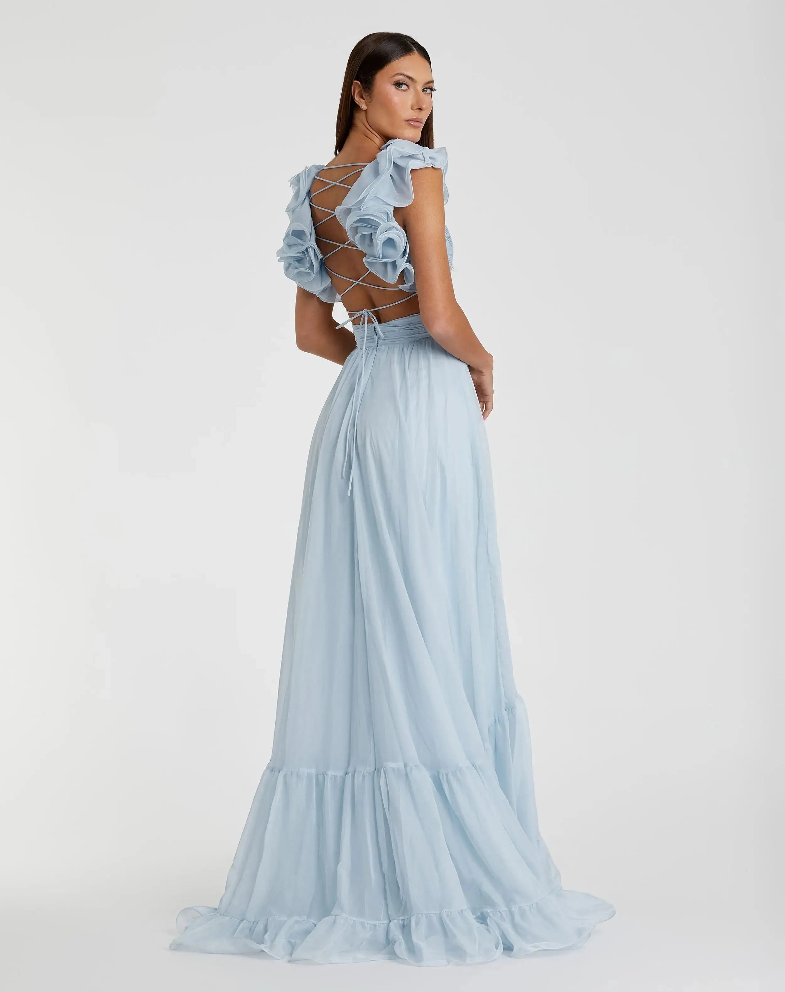 Light Blue Ruffle Tiered Cut-Out Chiffon Gown-Myartka