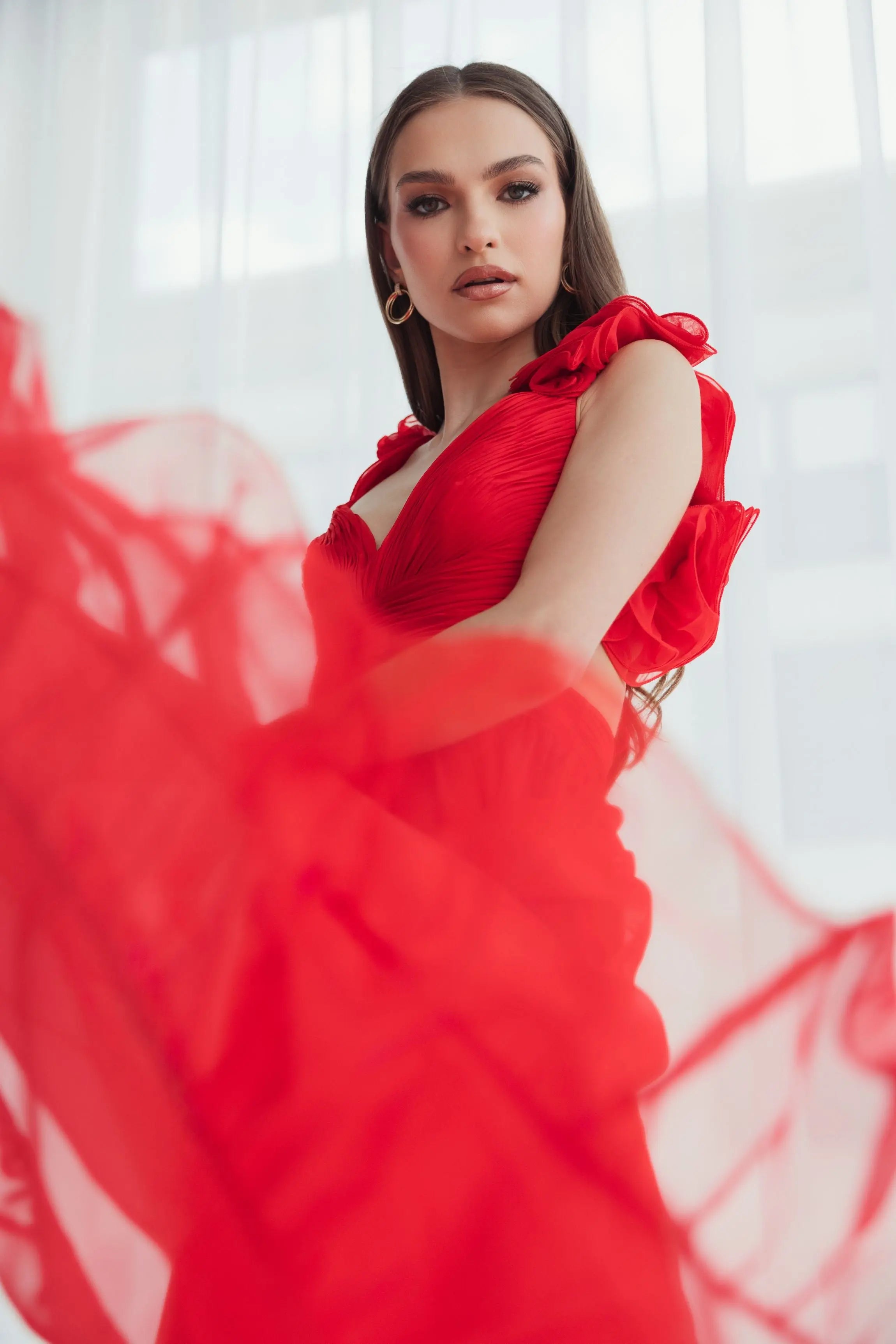 Red Ruffle Tiered Cut-Out Chiffon Gown - FINAL SALE-Myartka