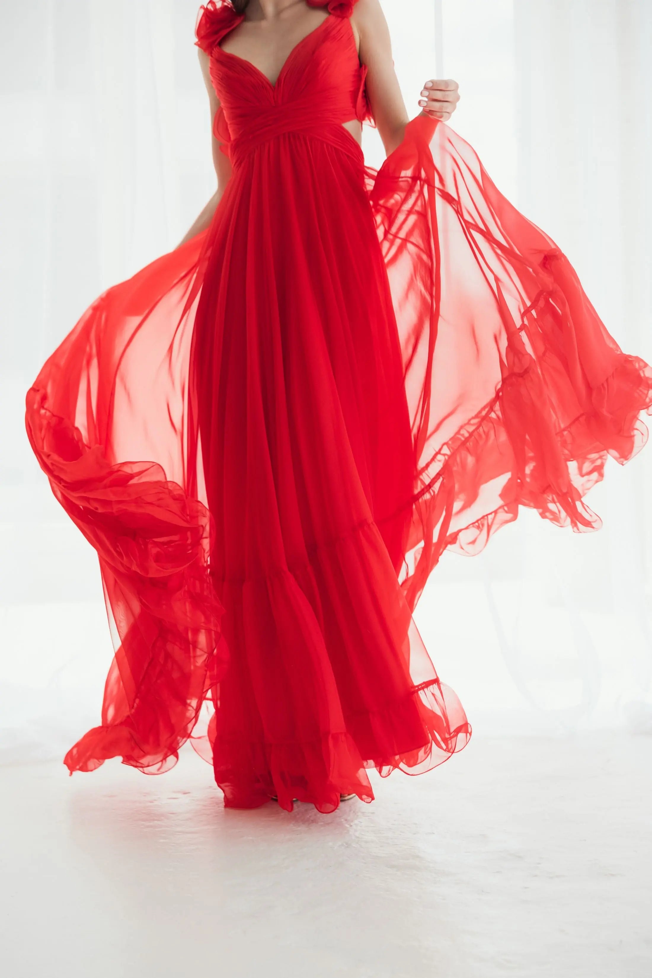 Red Ruffle Tiered Cut-Out Chiffon Gown - FINAL SALE-Myartka