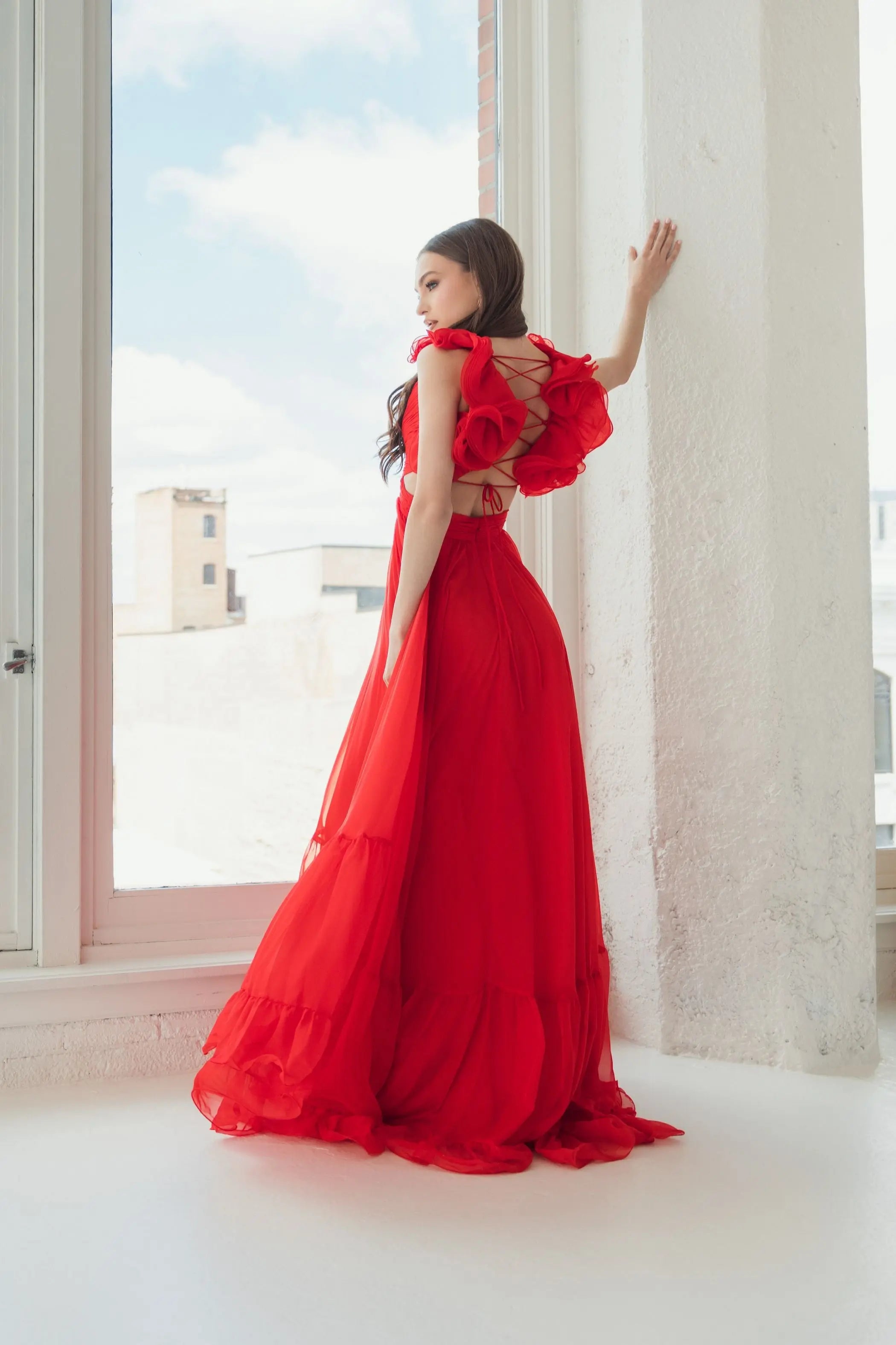 Red Ruffle Tiered Cut-Out Chiffon Gown - FINAL SALE-Myartka