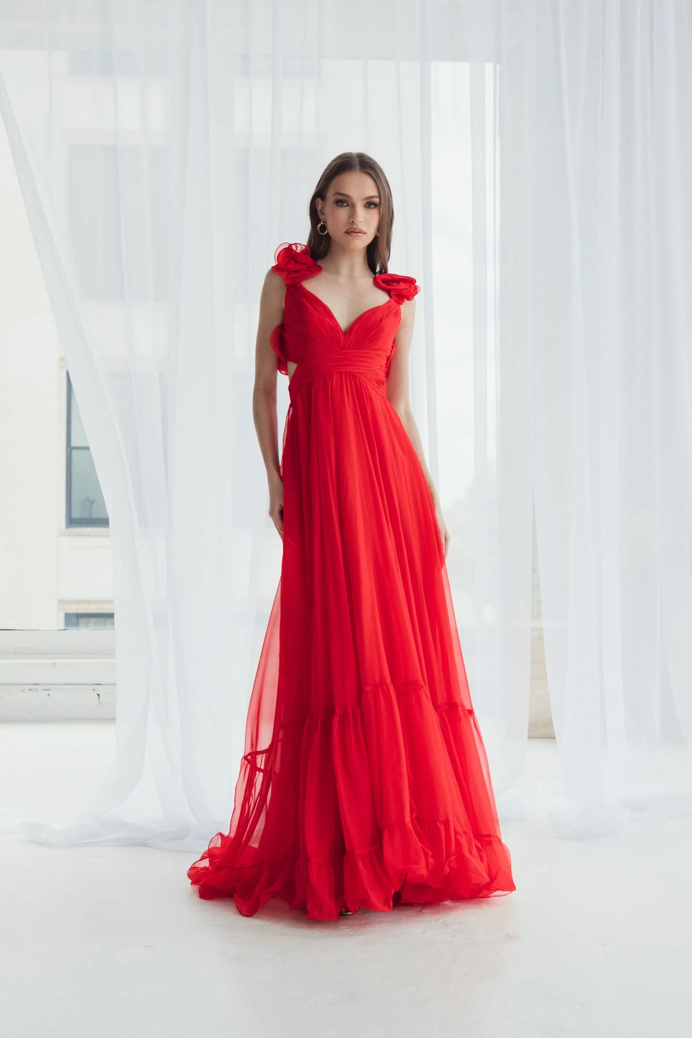 Red Ruffle Tiered Cut-Out Chiffon Gown - FINAL SALE-Myartka