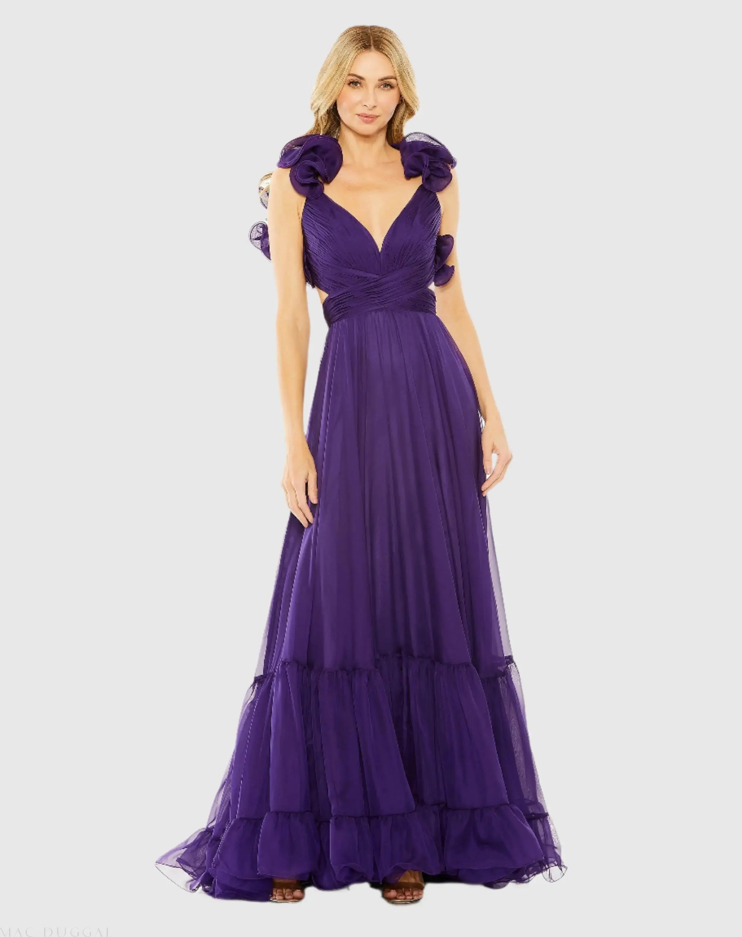Purple Ruffle Tiered Cut-Out Chiffon Gown-Myartka