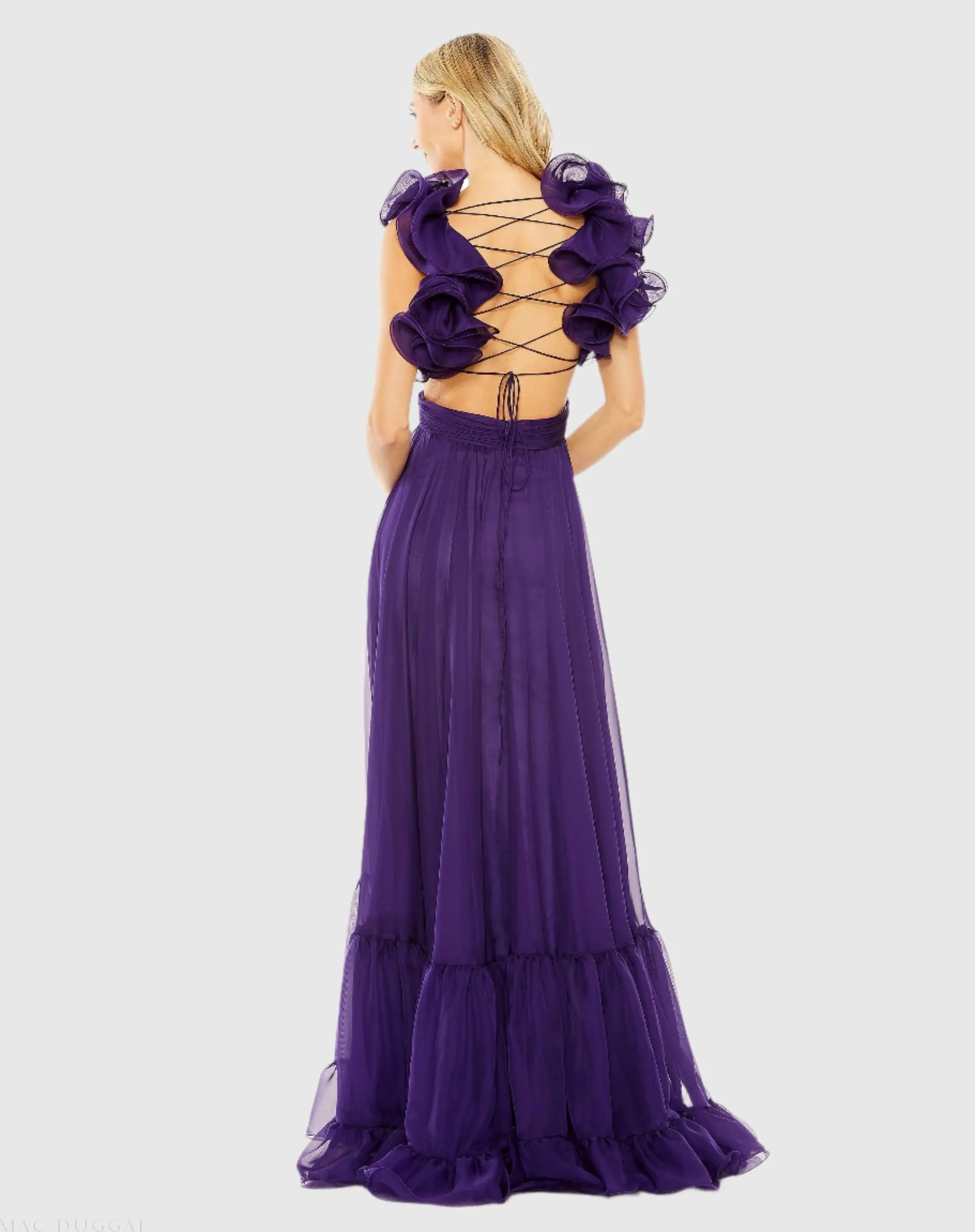 Purple Ruffle Tiered Cut-Out Chiffon Gown-Myartka