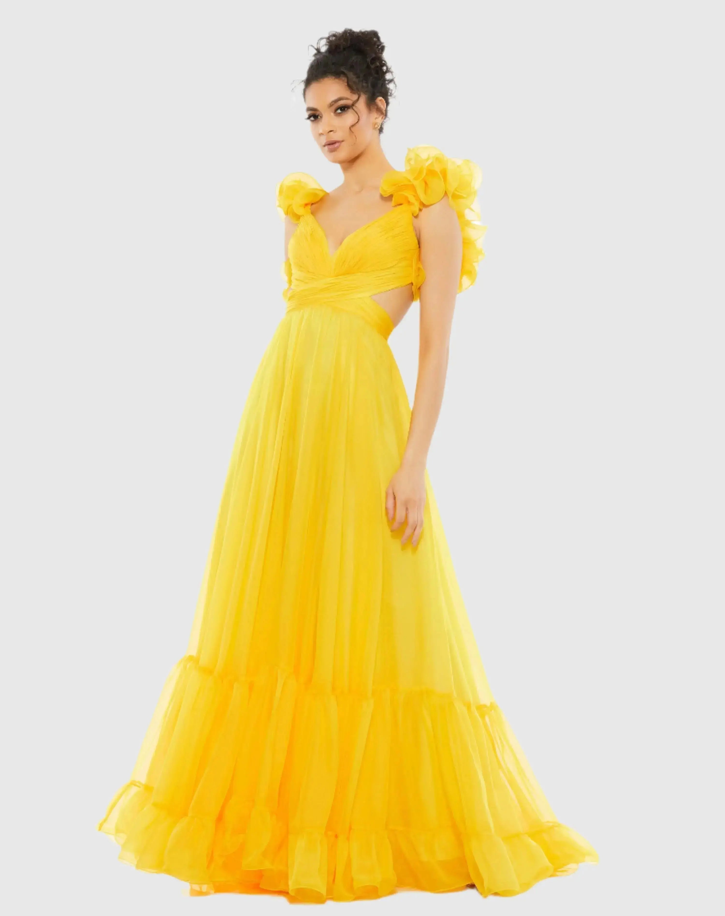 Yellow Ruffle Tiered Cut-Out Chiffon Gown - FINAL SALE-Myartka