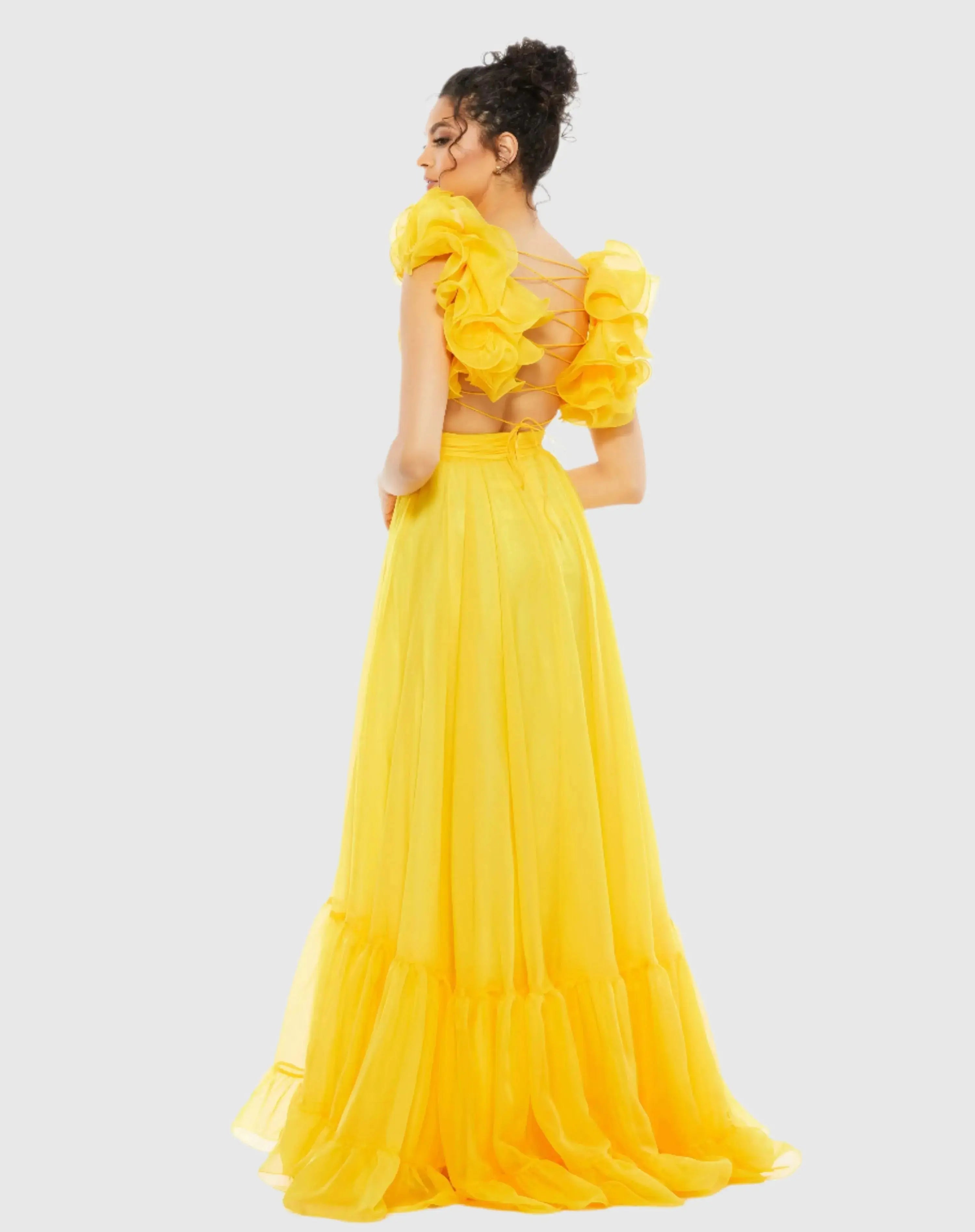 Yellow Ruffle Tiered Cut-Out Chiffon Gown - FINAL SALE-Myartka