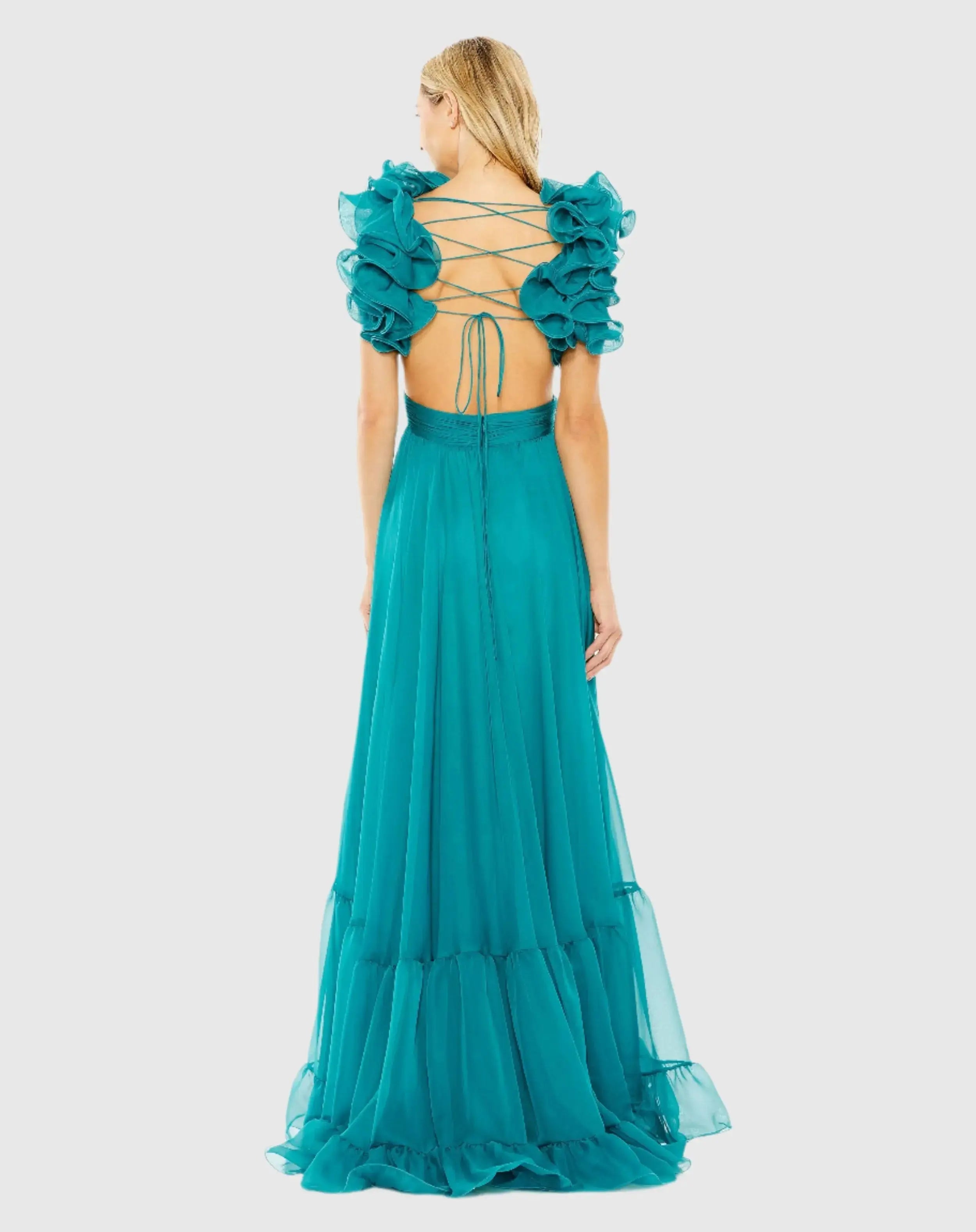 Blue Ruffle Tiered Cut-Out Chiffon Gown-Myartka
