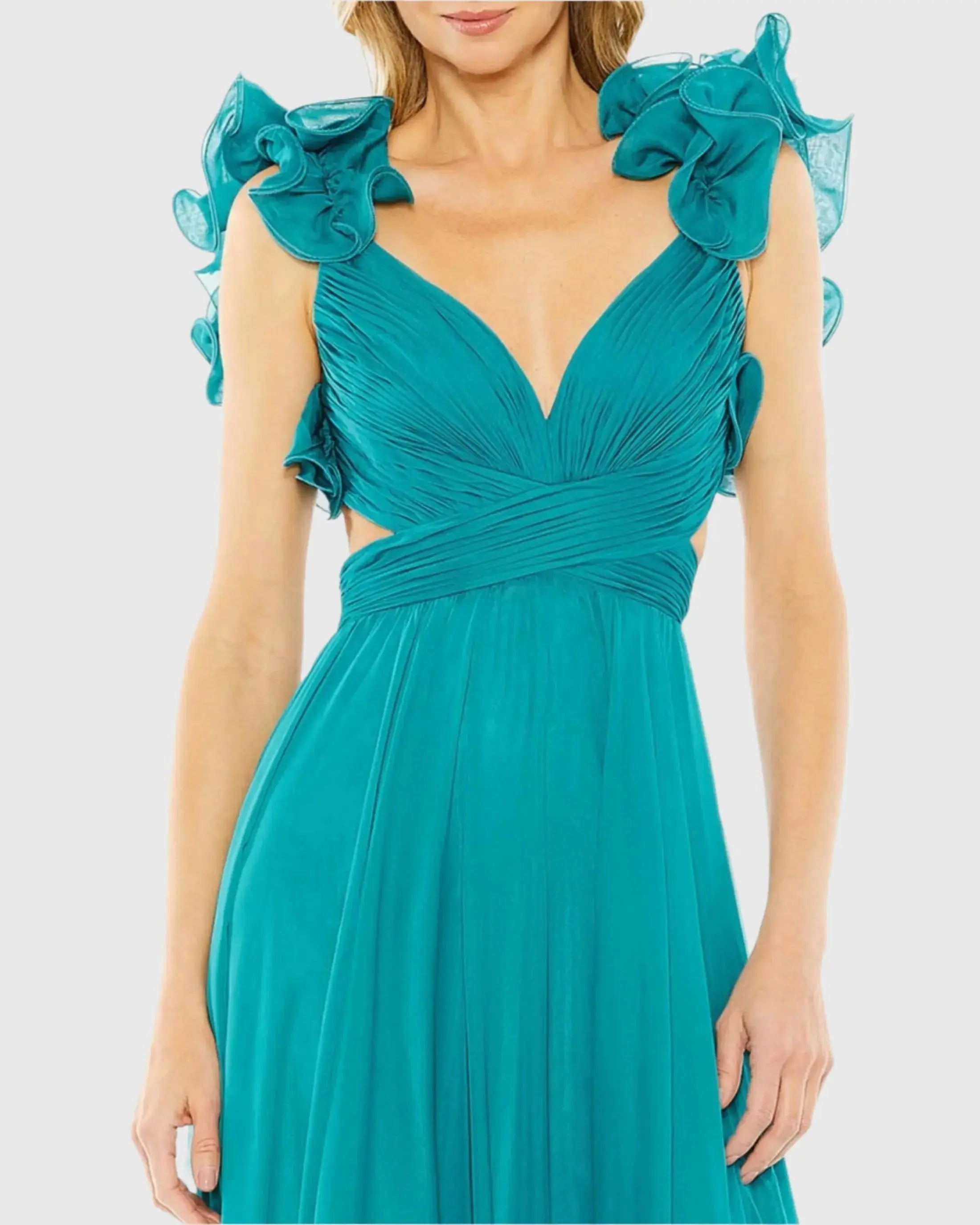 Blue Ruffle Tiered Cut-Out Chiffon Gown-Myartka
