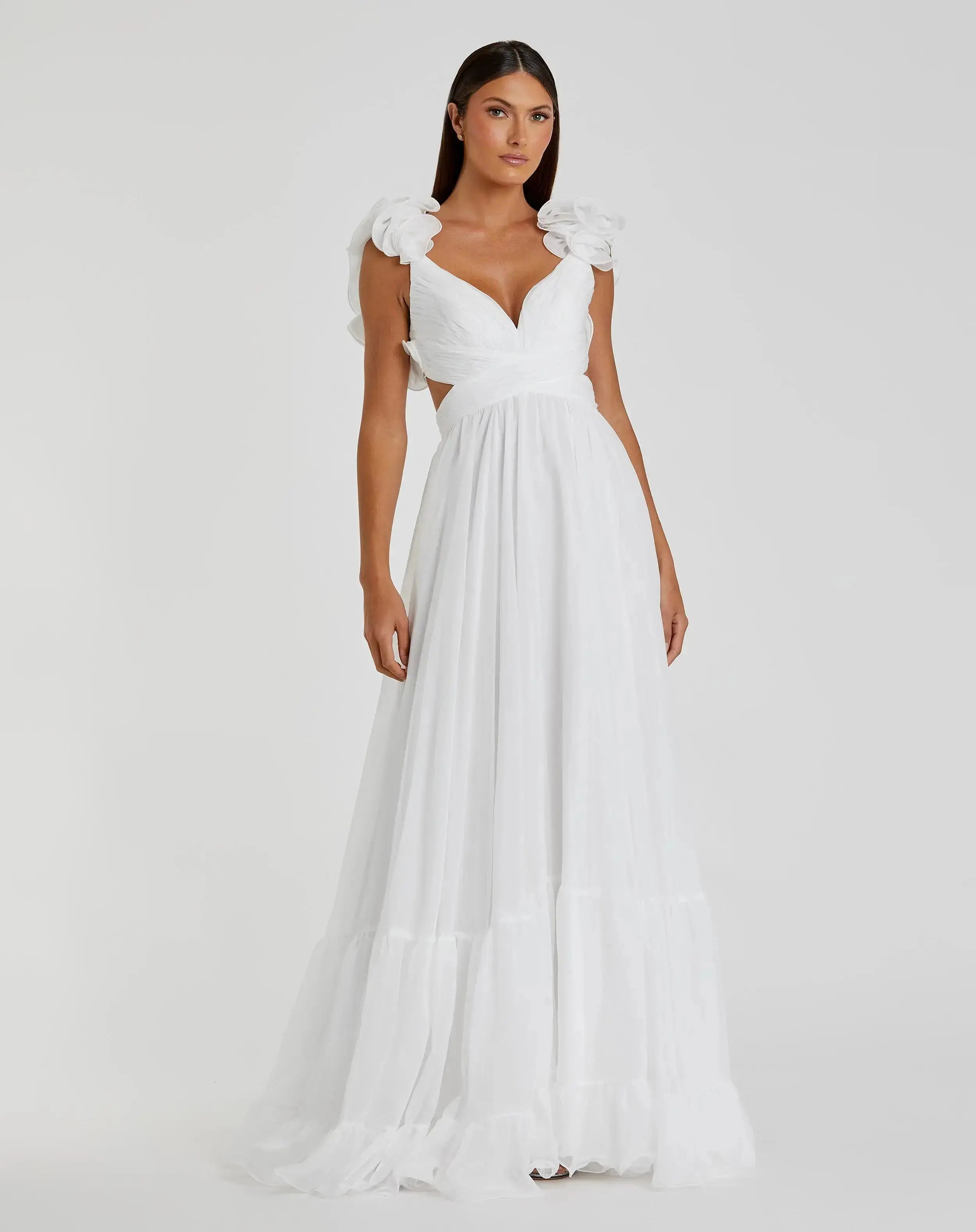 White Ruffle Tiered Cut-Out Chiffon Gown-Myartka