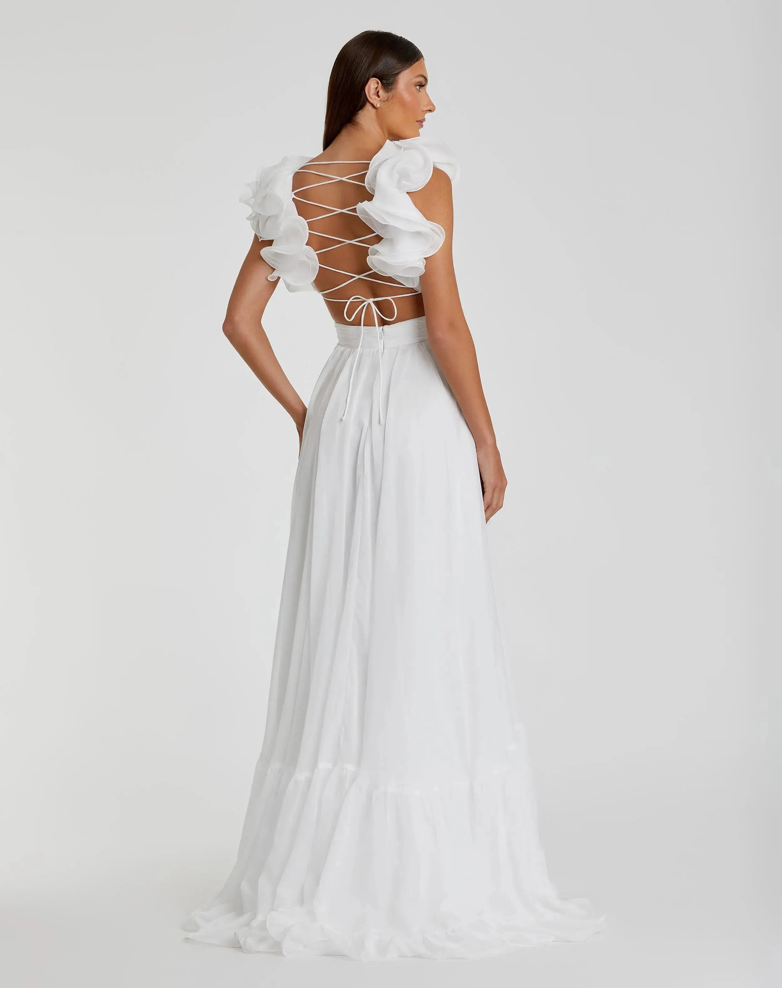 White Ruffle Tiered Cut-Out Chiffon Gown-Myartka