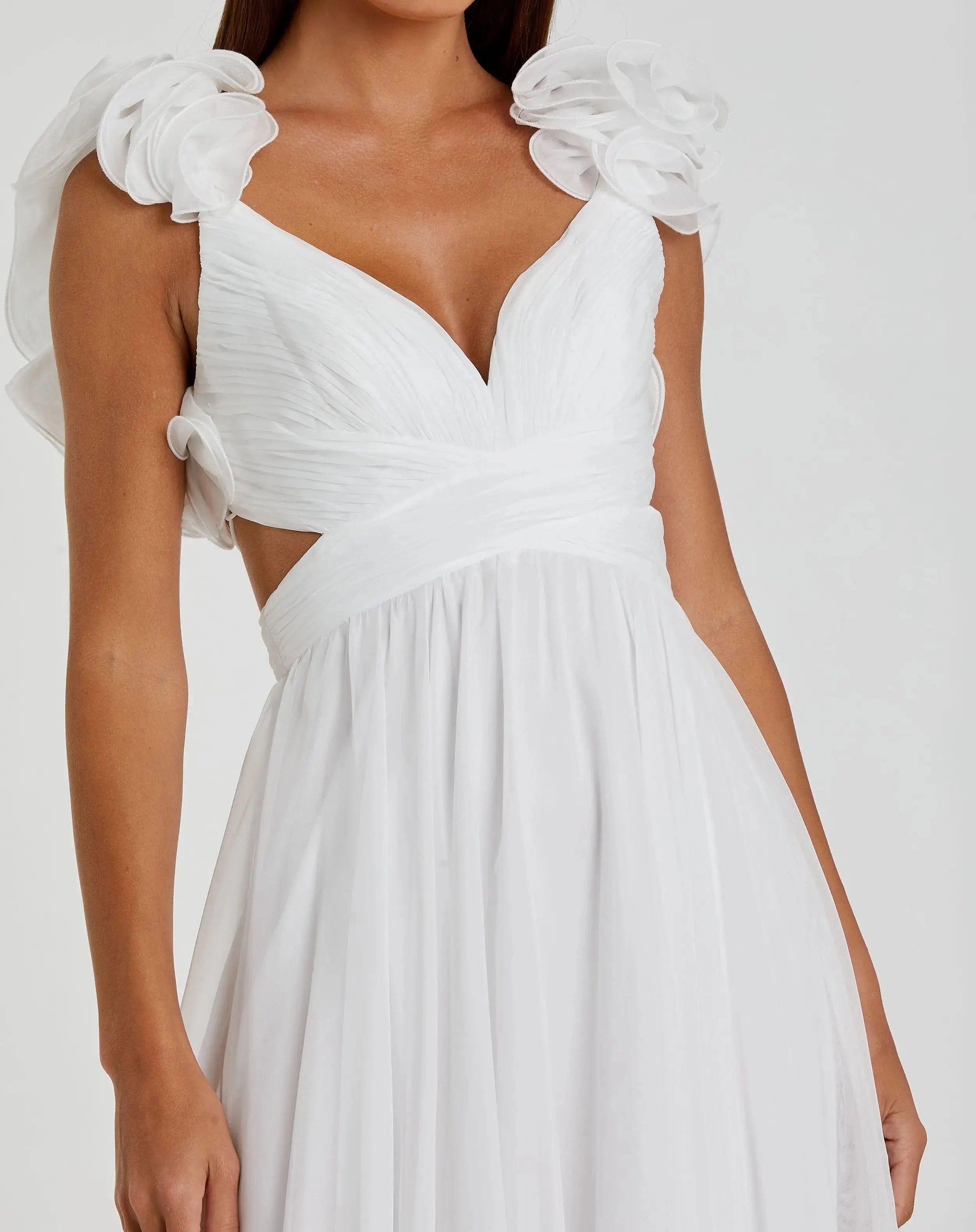 White Ruffle Tiered Cut-Out Chiffon Gown-Myartka