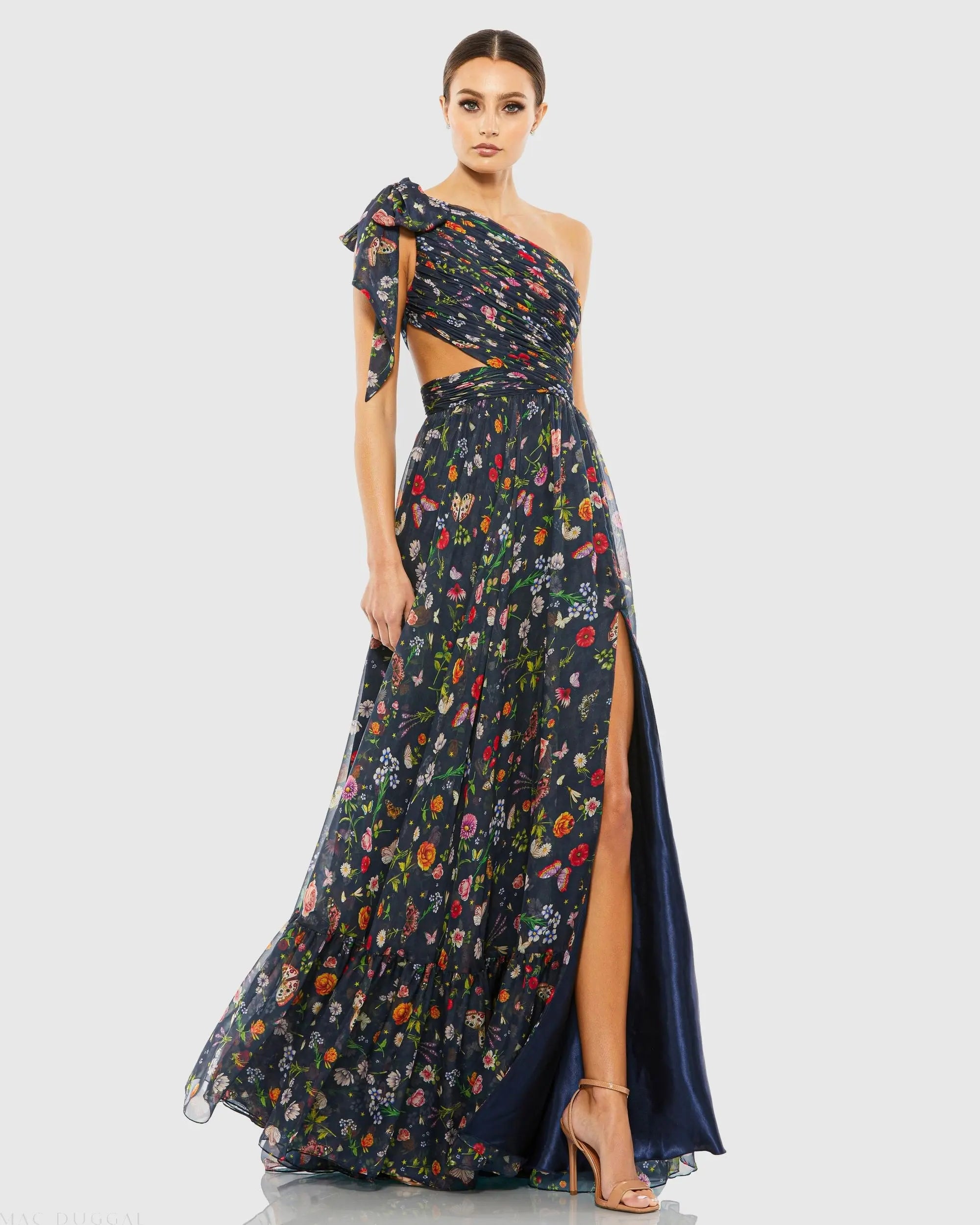 Navy Tied One Shoulder Cut-Out Flowy Gown-Myartka