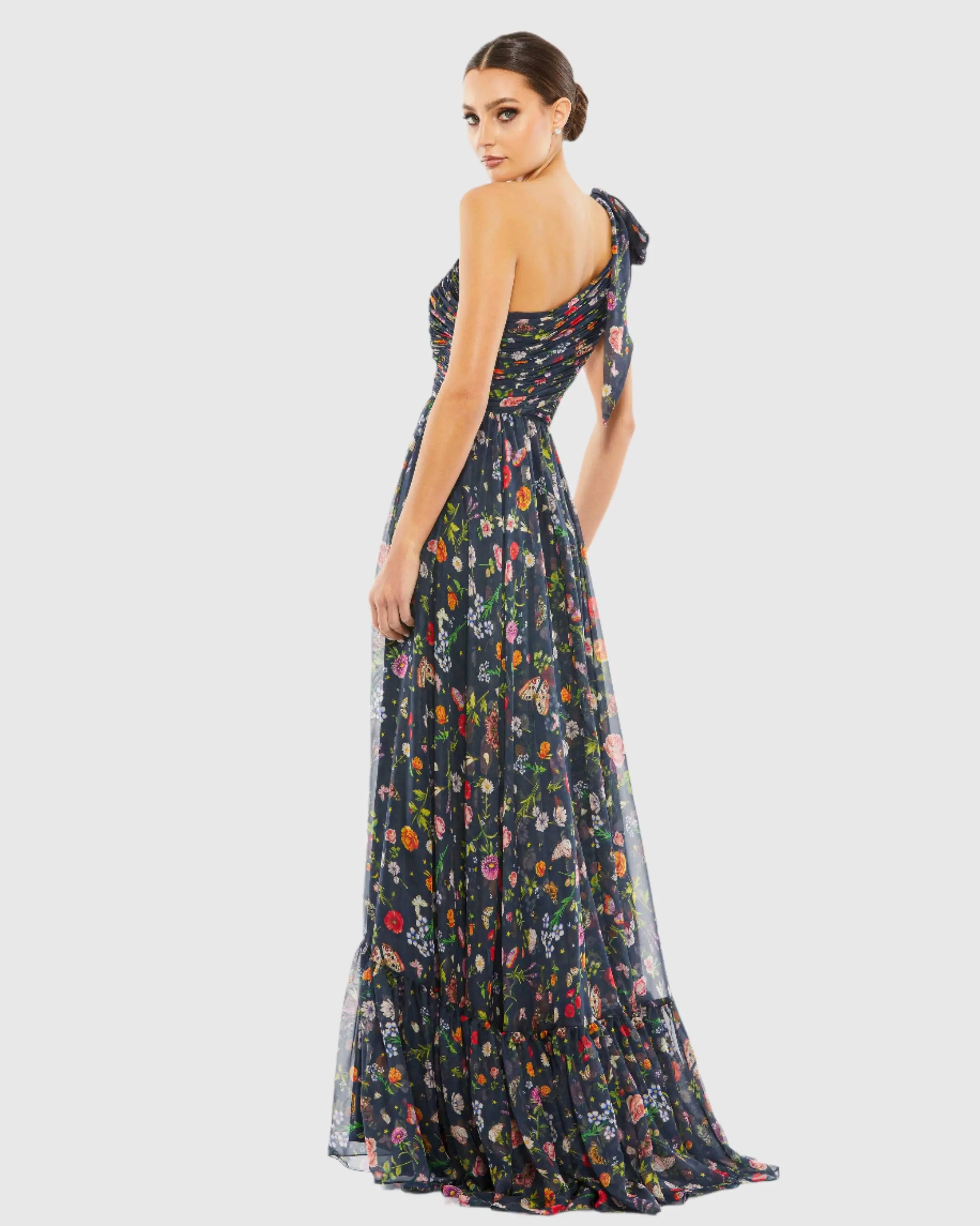 Navy Tied One Shoulder Cut-Out Flowy Gown-Myartka