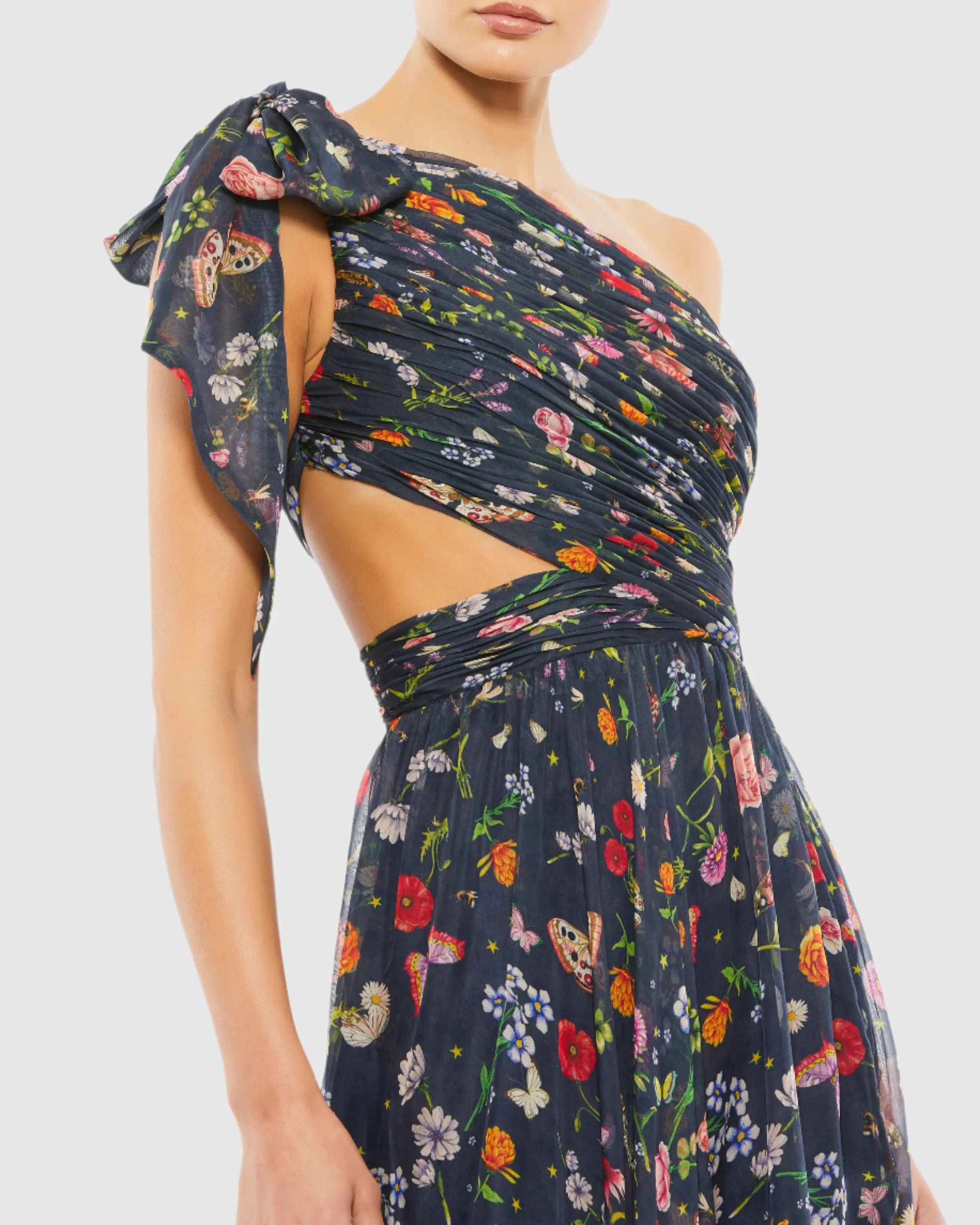 Navy Tied One Shoulder Cut-Out Flowy Gown-Myartka