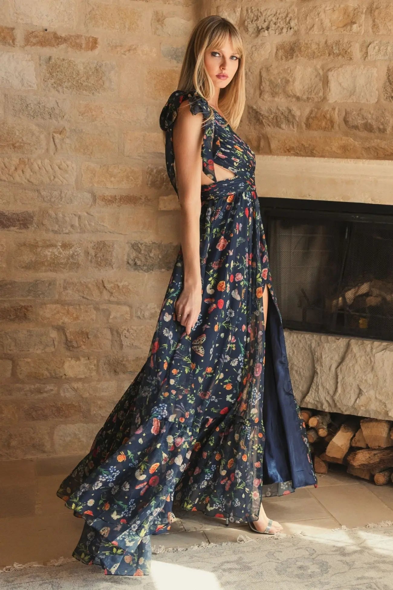 Navy Tied One Shoulder Cut-Out Flowy Gown-Myartka