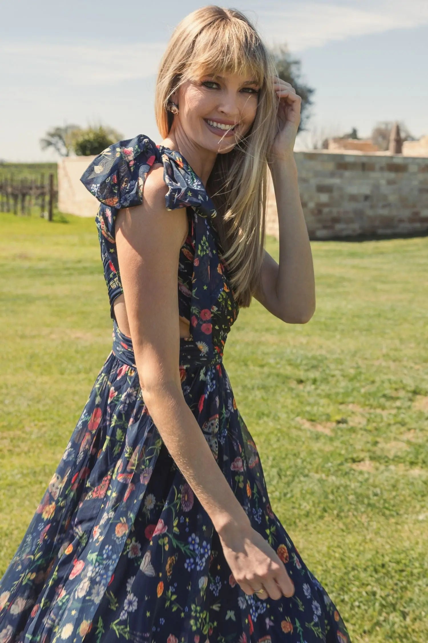 Navy Tied One Shoulder Cut-Out Flowy Gown-Myartka