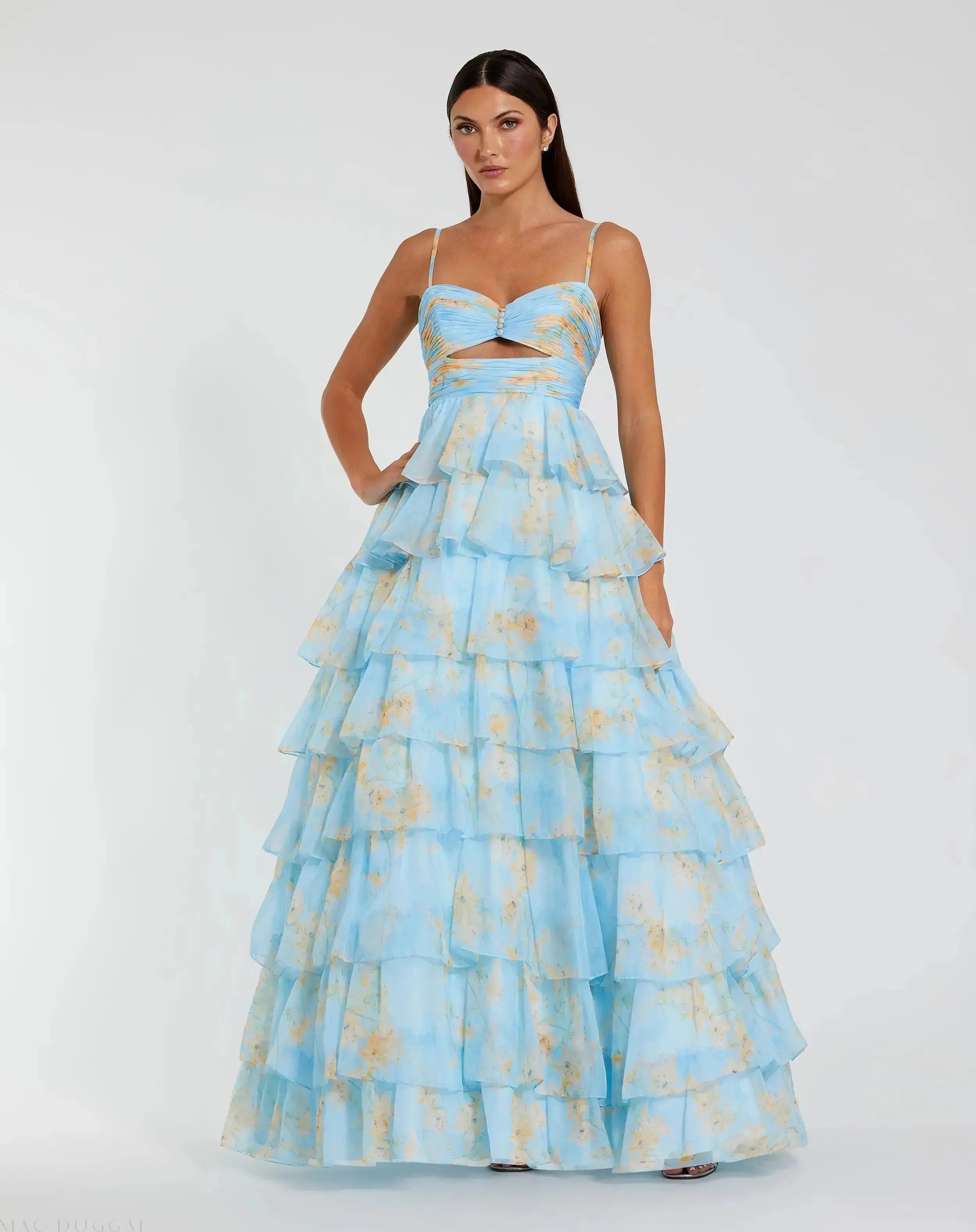 Blue Floral Cut Out Ruffle Tiered Gown-Myartka