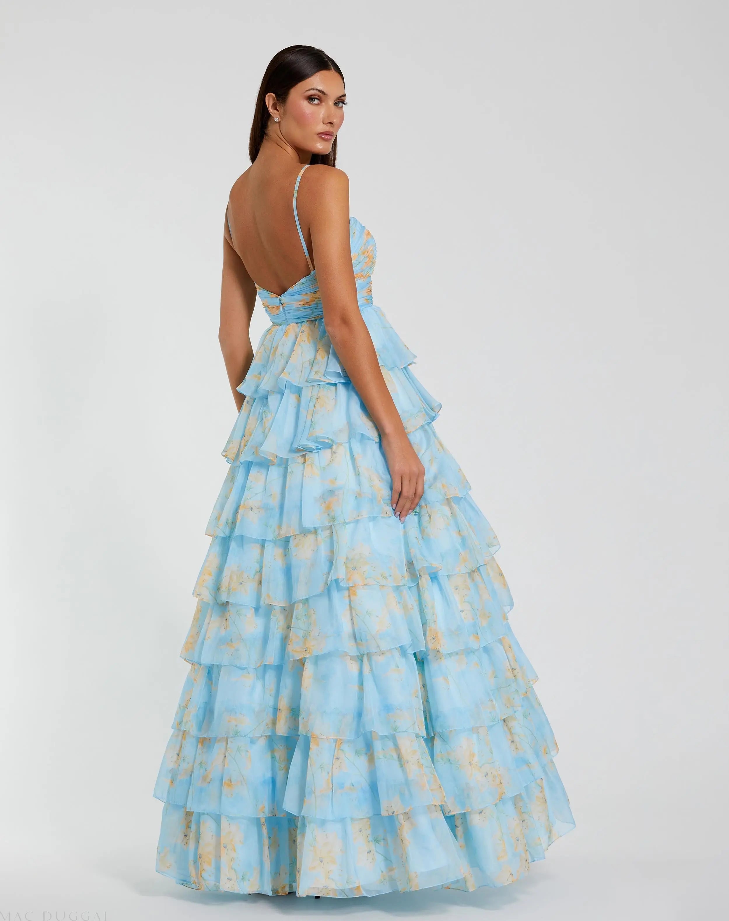 Blue Floral Cut Out Ruffle Tiered Gown-Myartka