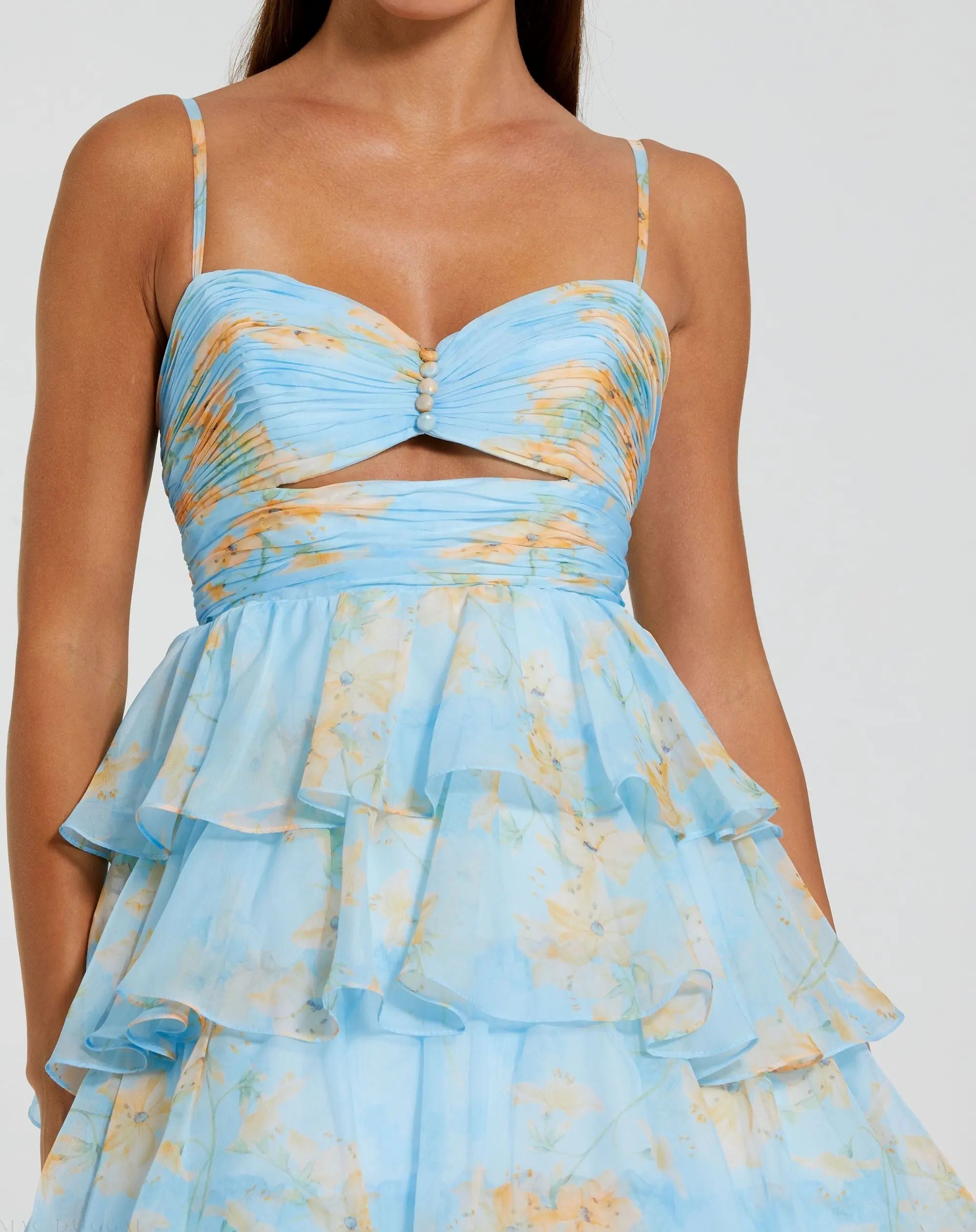 Blue Floral Cut Out Ruffle Tiered Gown-Myartka